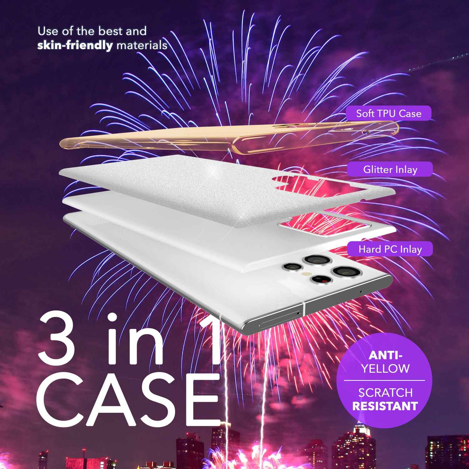 Diagramm einer Handyhülle mit Schichten, Feuerwerk und Text über Materialien und Funktionen.