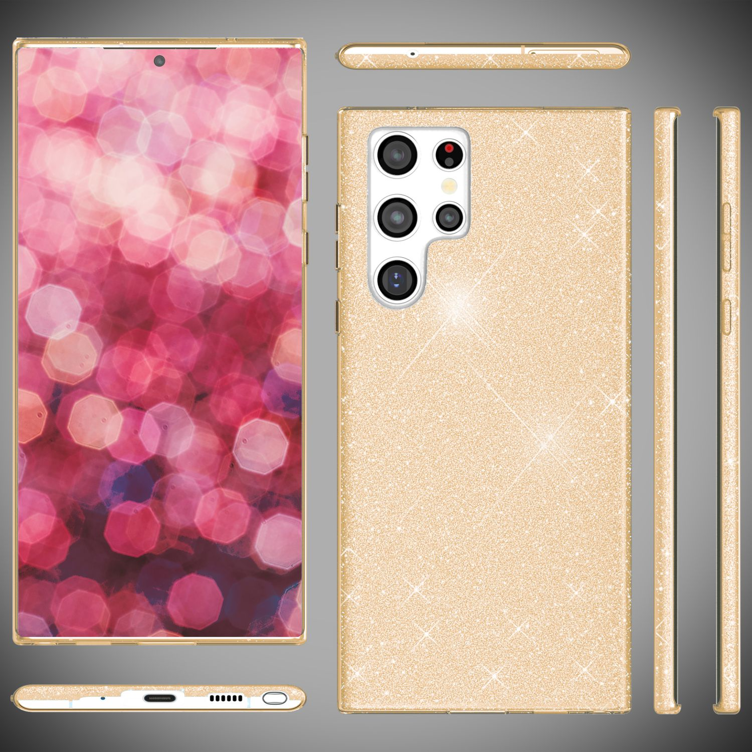 Ein goldenes Telefon mit passender Hülle. Der Telefonbildschirm zeigt einen verschwommenen rosa Hintergrund.