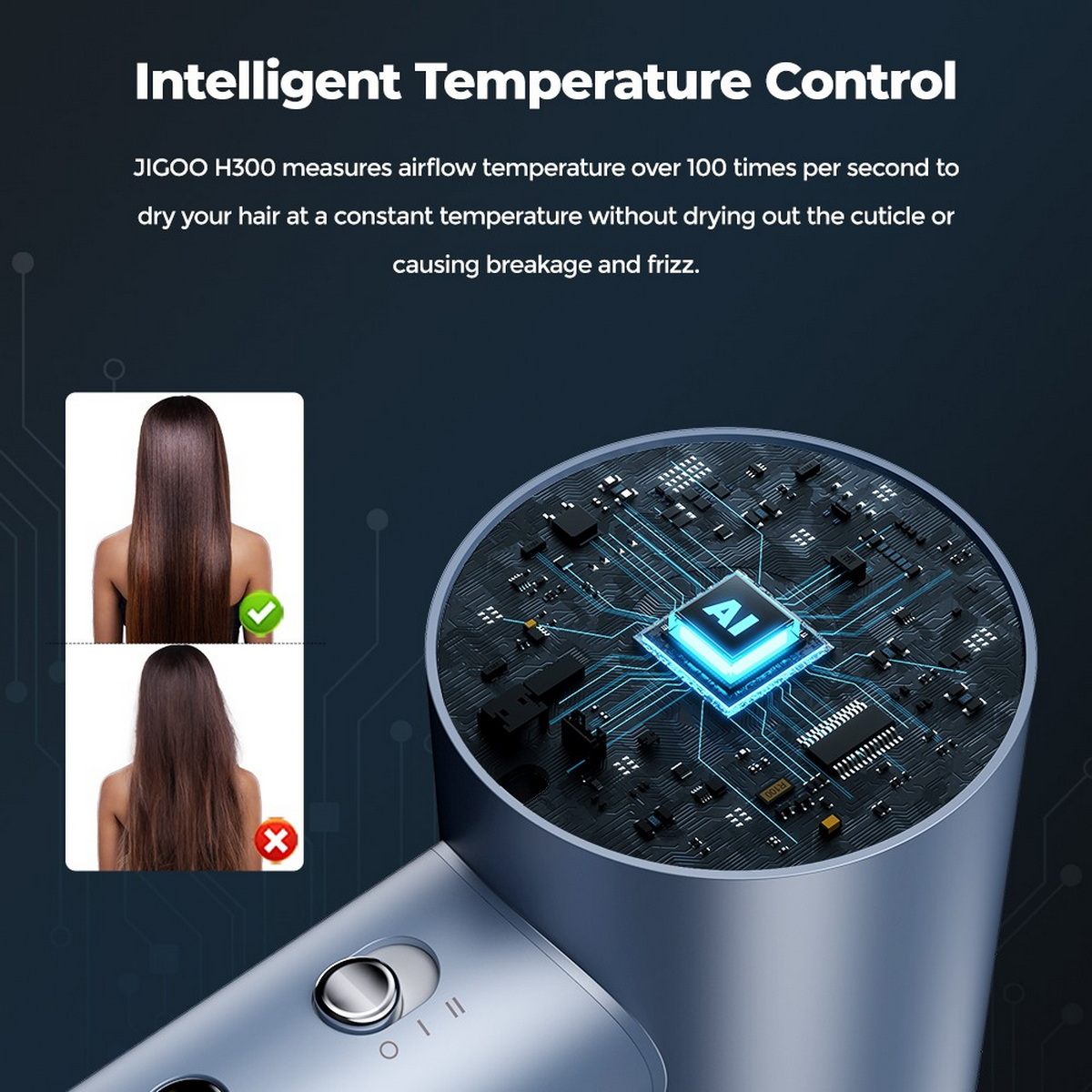 Suszarka do włosów z dwoma zdjęciami pokazującymi efekty. Jedno pokazuje proste włosy, drugie kręcone.