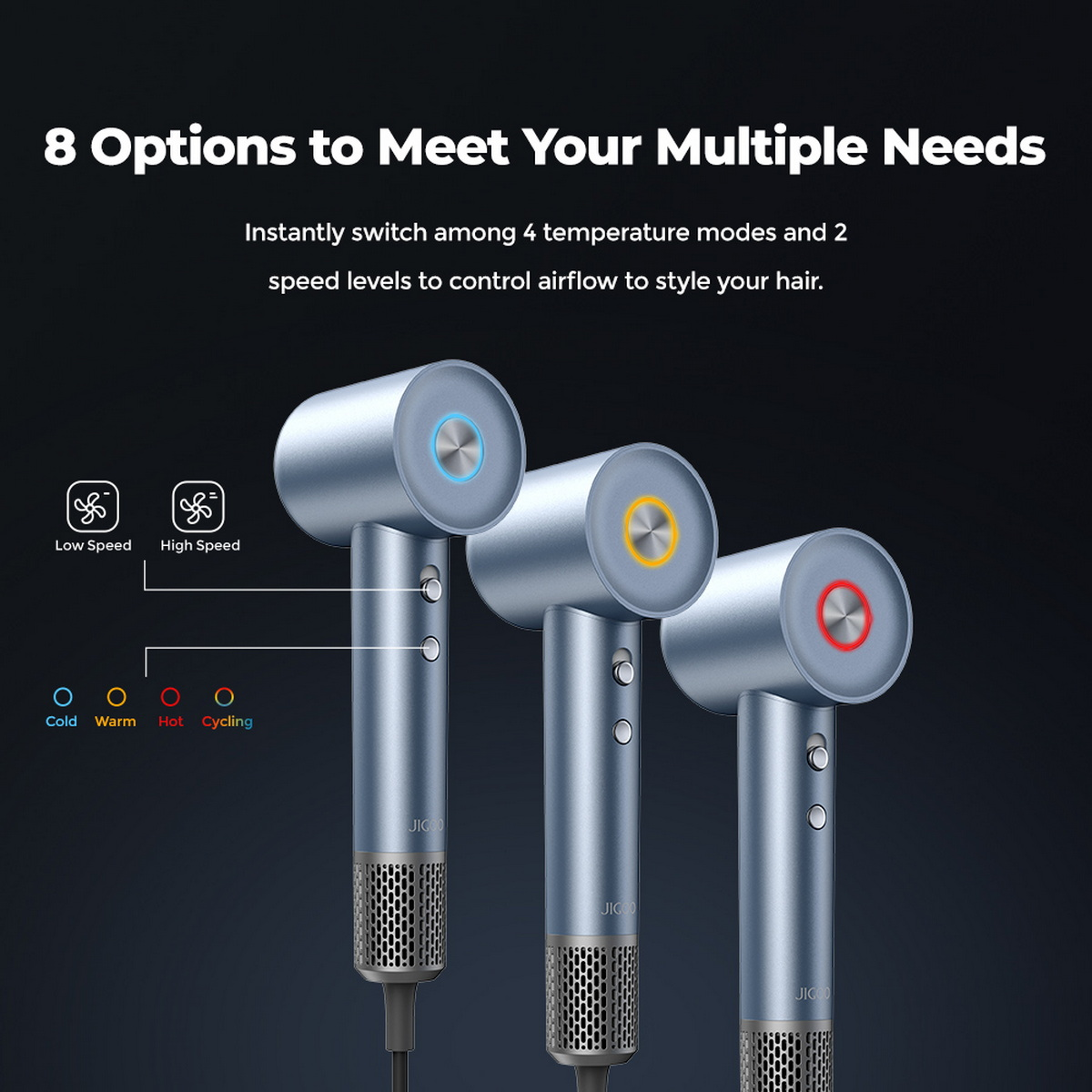 Trzy niebieskie suszarki do włosów z różnokolorowymi pierścieniami świetlnymi. Tekst głosi: '8 opcji, aby spełnić Twoje liczne potrzeby'.