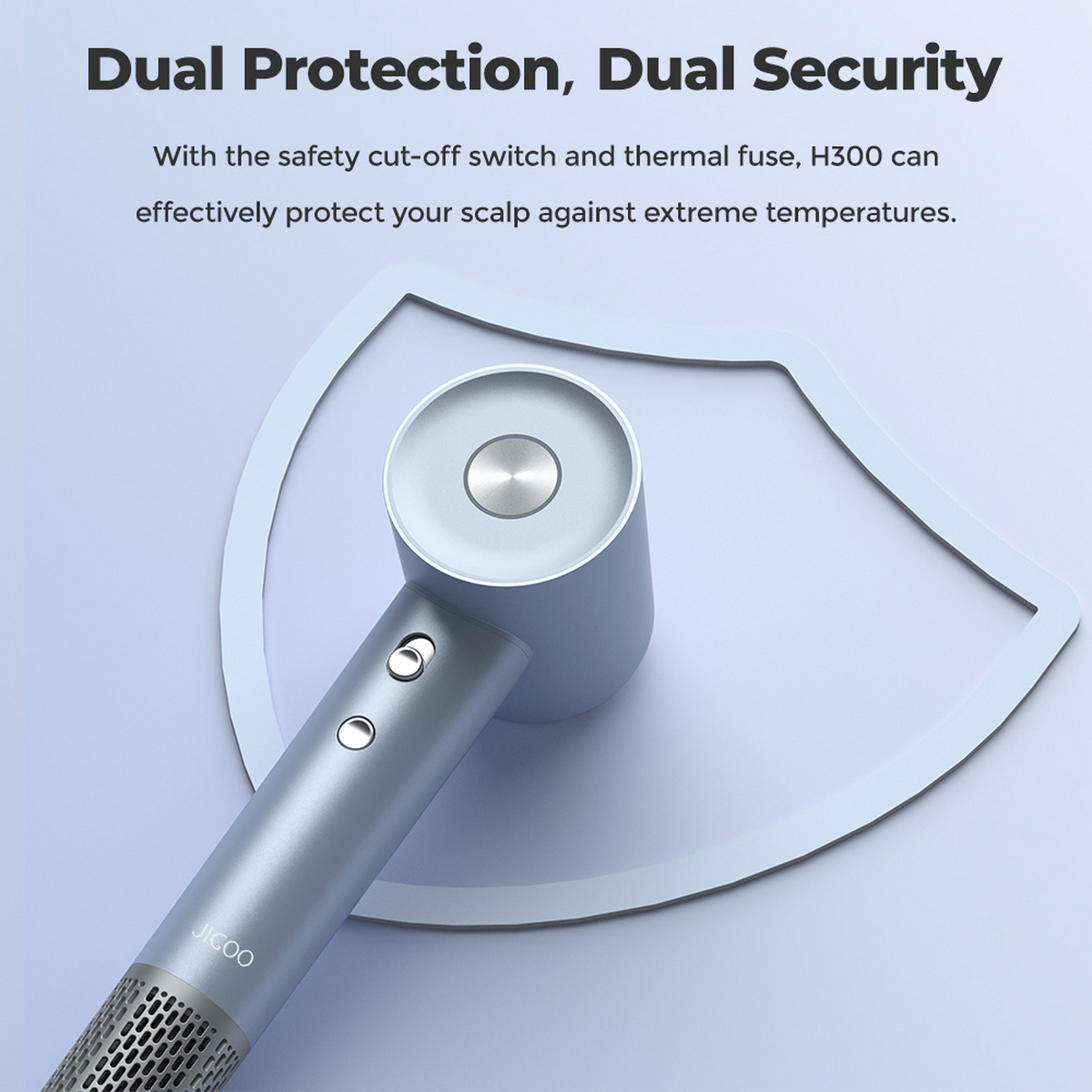 Szara suszarka do włosów z tekstem o ochronie. Kształt tarczy znajduje się za suszarką.