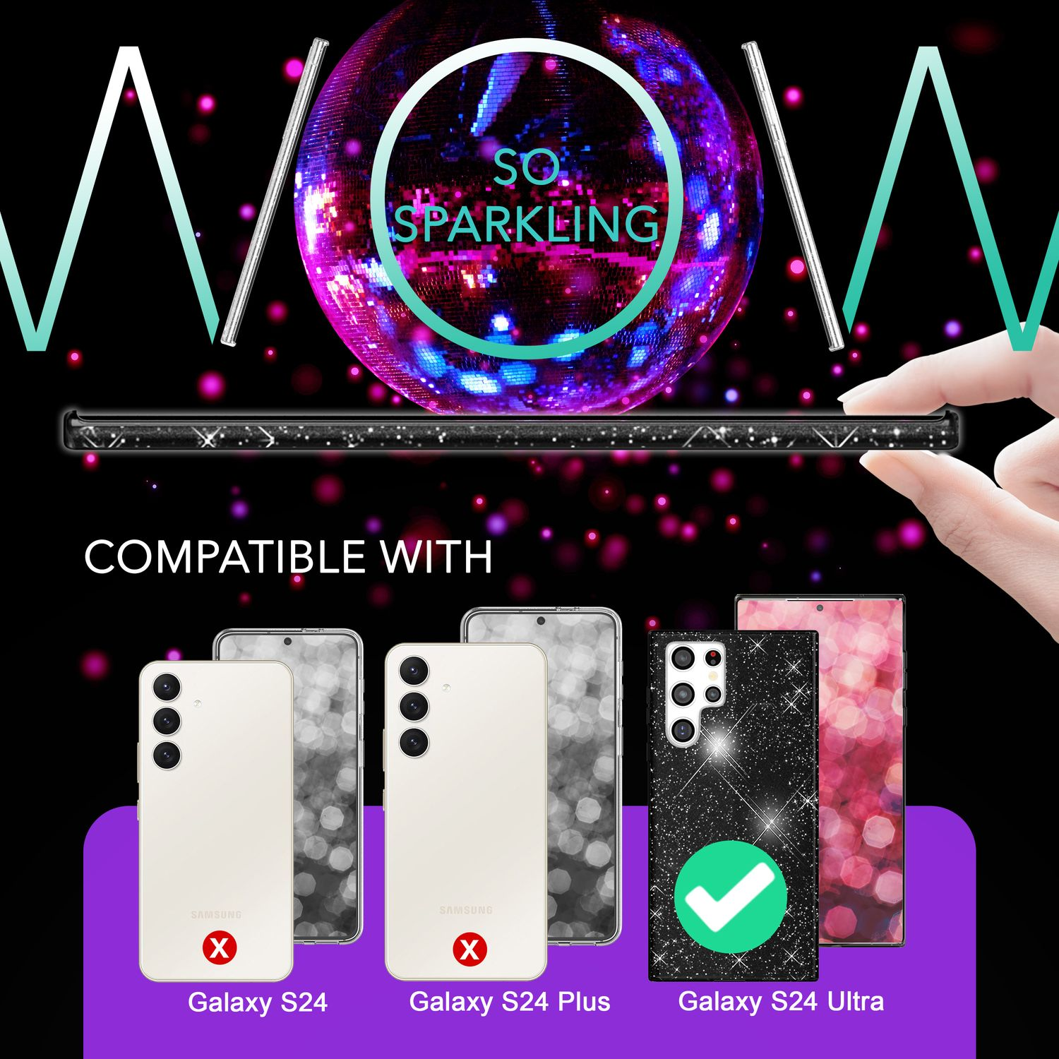 Handyhülle mit Discokugel-Design. Kompatibel mit Galaxy S24 Ultra. Rot und Schwarz.