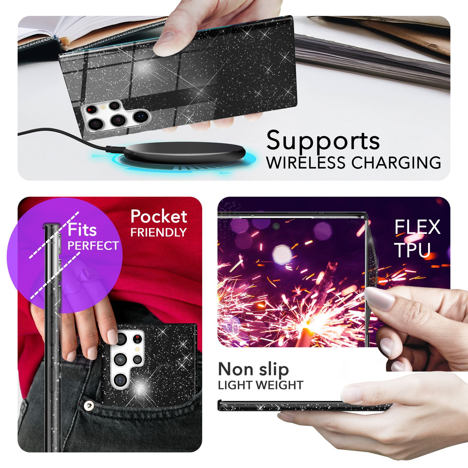 Bilder zeigen eine Handyhülle. Merkmale sind drahtlose Ladeunterstützung, taschenfreundlich und rutschfestes Design.