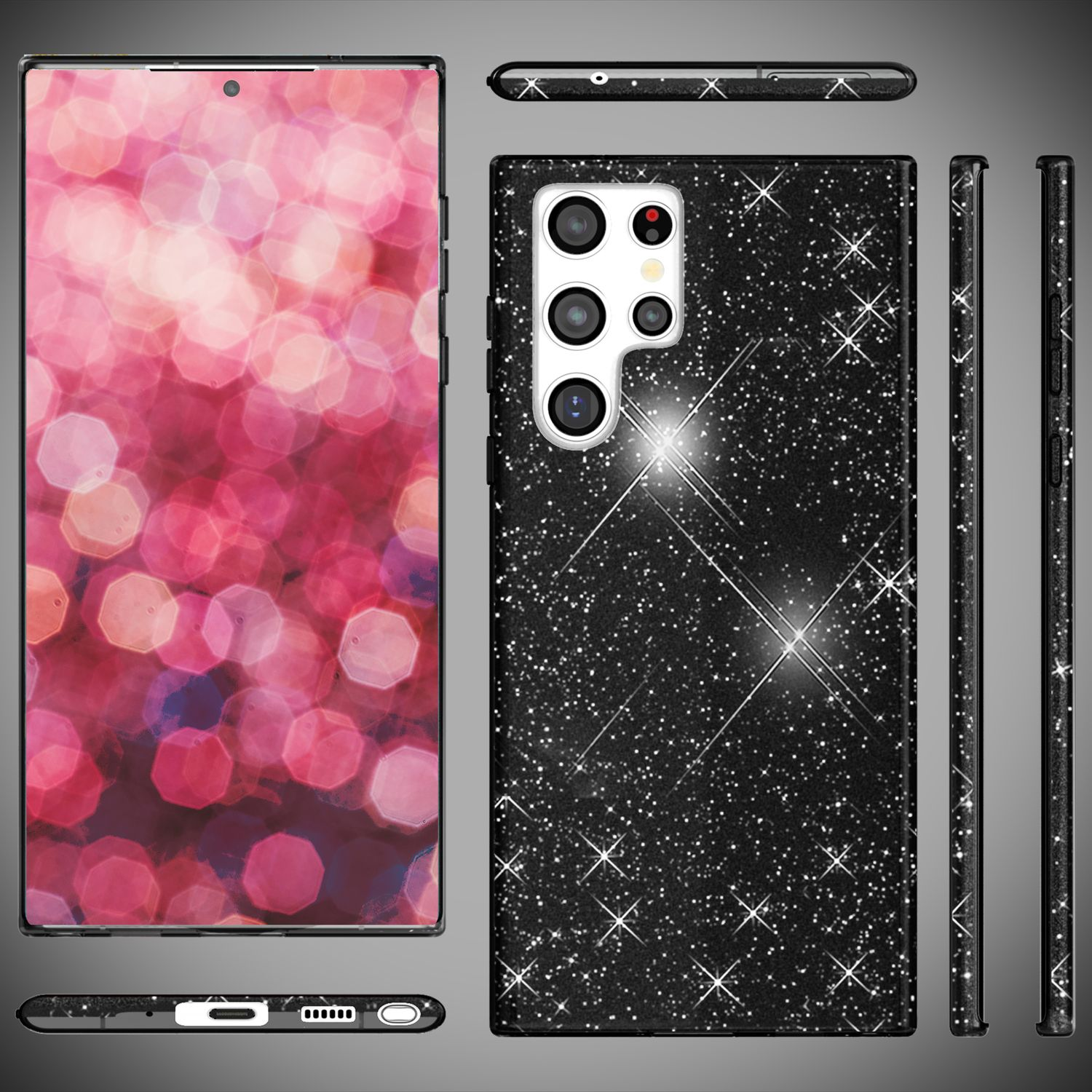 Schwarze Handyhülle mit Glitzerdesign, mehrere Ansichten. Das Telefon hat eine Kamera.