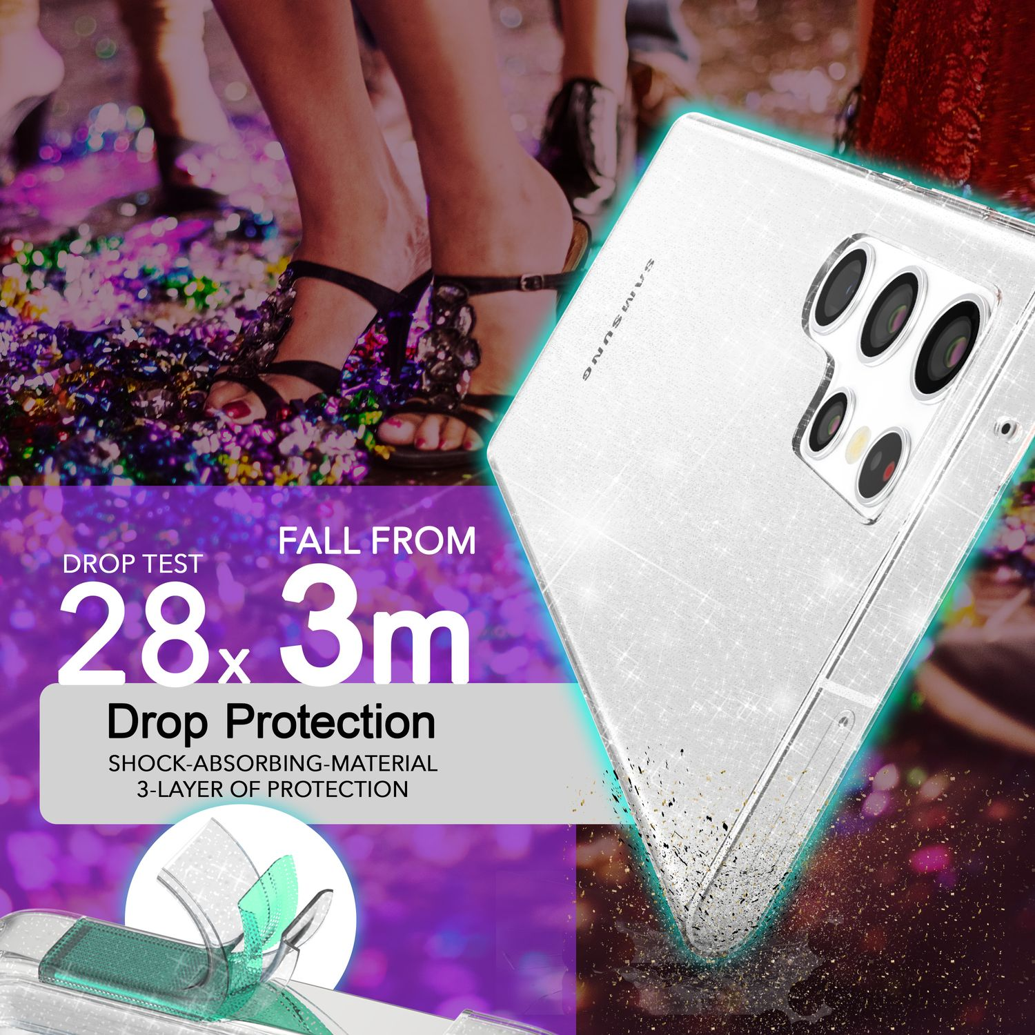 Une coque de t éléphone transparente avec une housse de protection transparente. Le texte dit 'Test de chute 28,3 m' et 'Protection contre les chutes'.