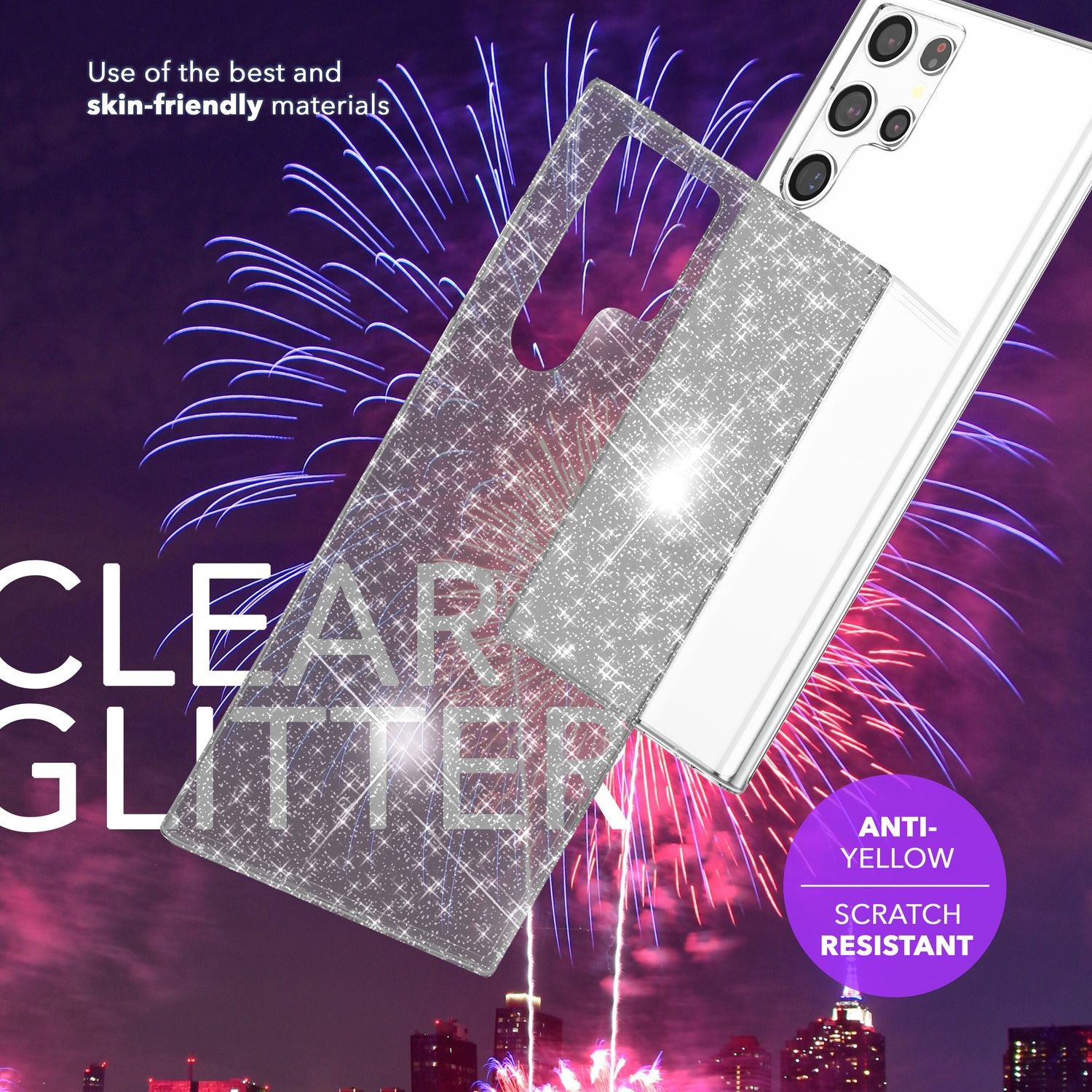 Une coque de téléphone transparente à paillettes avec un téléphone à l'intérieur, des feux d'artifice en arrière-plan. Texte : paillettes transparentes.