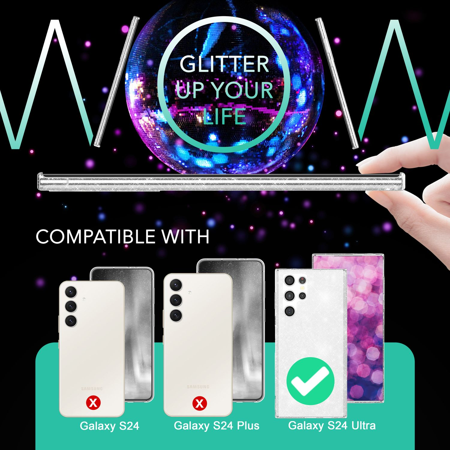 L'image montre des coques de téléphone, des paillettes et des téléphones compatibles. Seul le Galaxy S24 Ultra est compatible.
