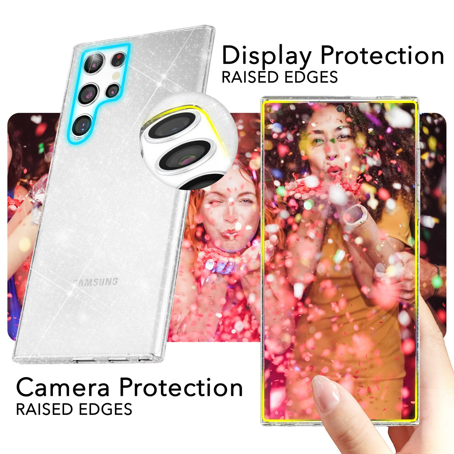 Une coque de téléphone transparente avec un téléphone à l'intérieur, montrant la protection de l'appareil photo et de l'écran. Une femme le tient.