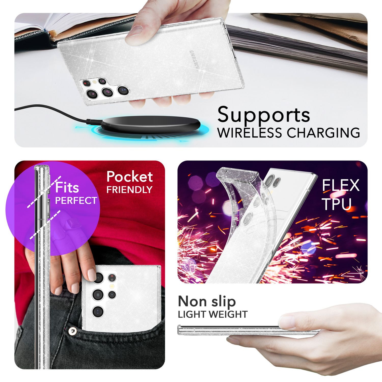 Un étui pour smartphone sur une surface blanche avec des images montrant comment il s'adapte, prend en charge la recharge sans fil et est léger.