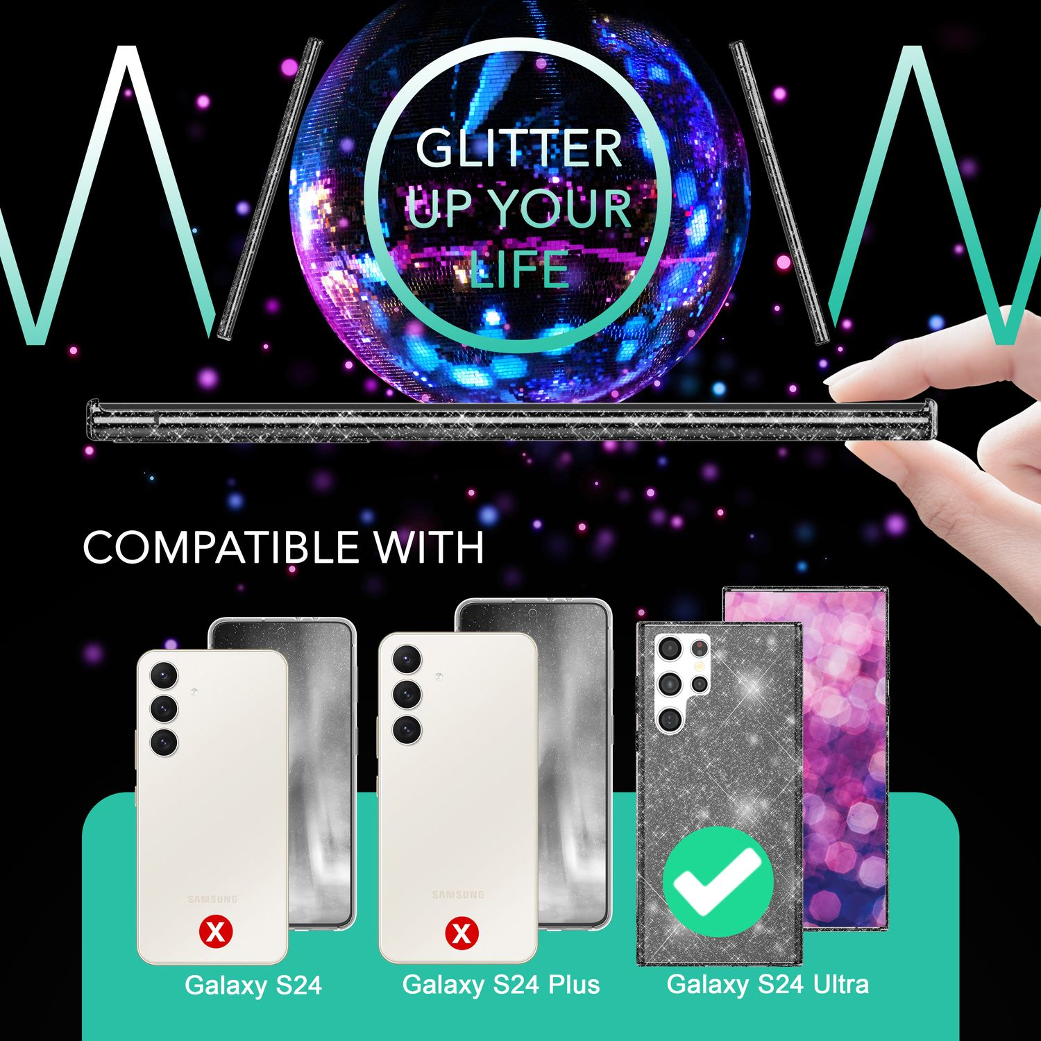 Coque de téléphone avec paillettes. Texte : Faites briller votre vie. Compatible avec Galaxy S24 Ultra.