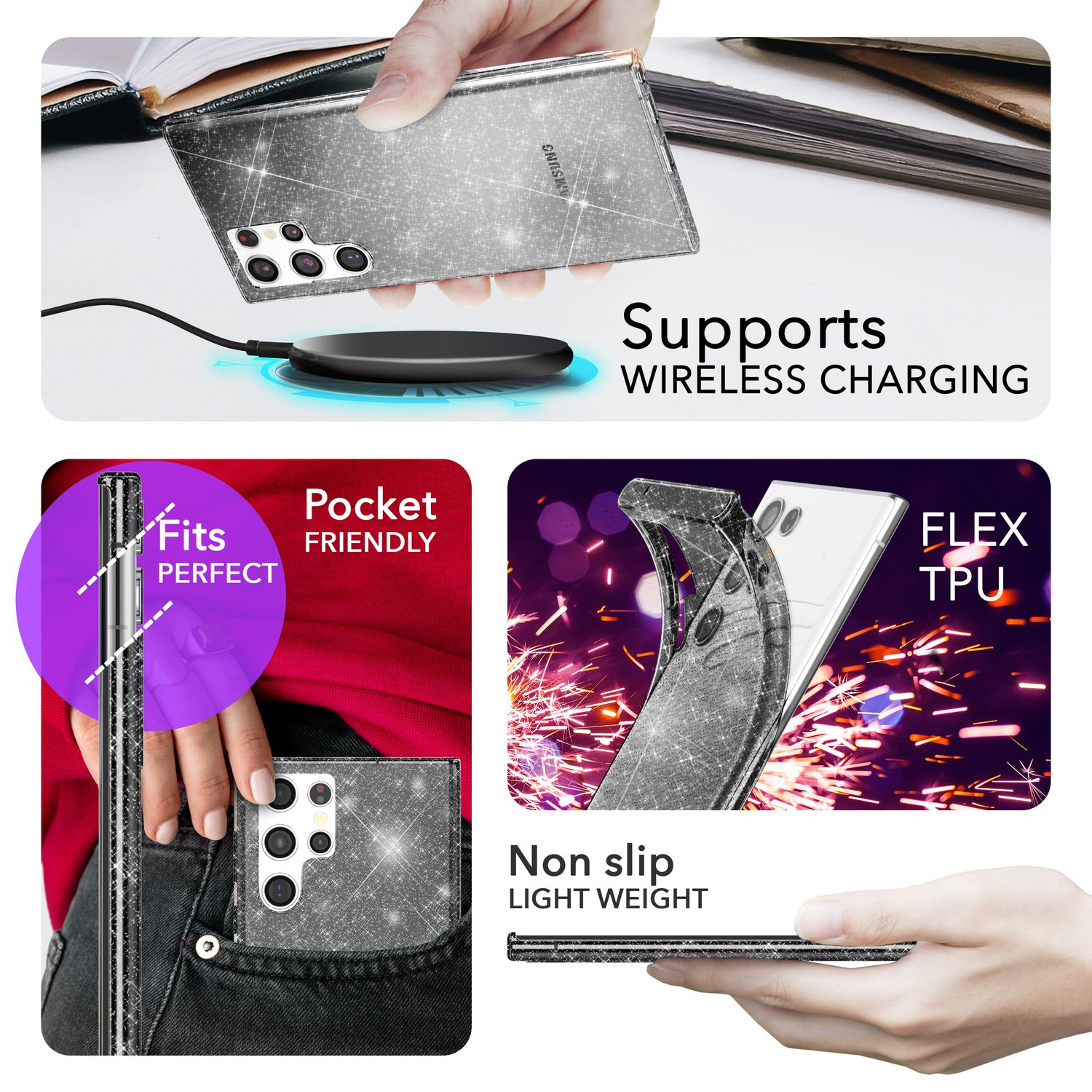 Une coque de téléphone transparente sur un téléphone avec un chargeur sans fil, et aussi dans une poche.