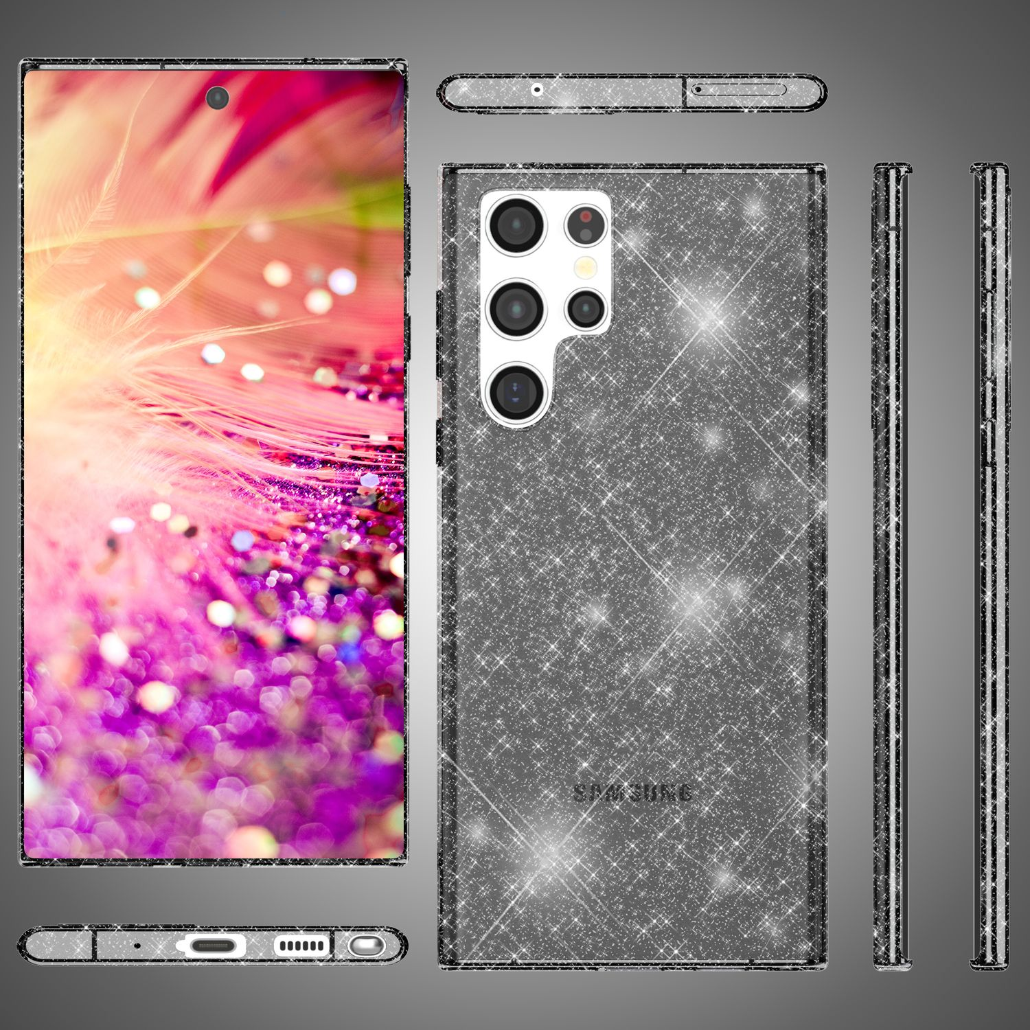 Coque de téléphone avec paillettes. L'écran affiche une image abstraite.