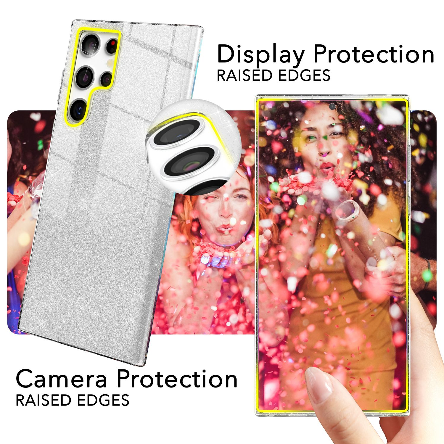 Handyhülle mit transparentem Rücken, mit Text "Display Protection" und "Camera Protection".