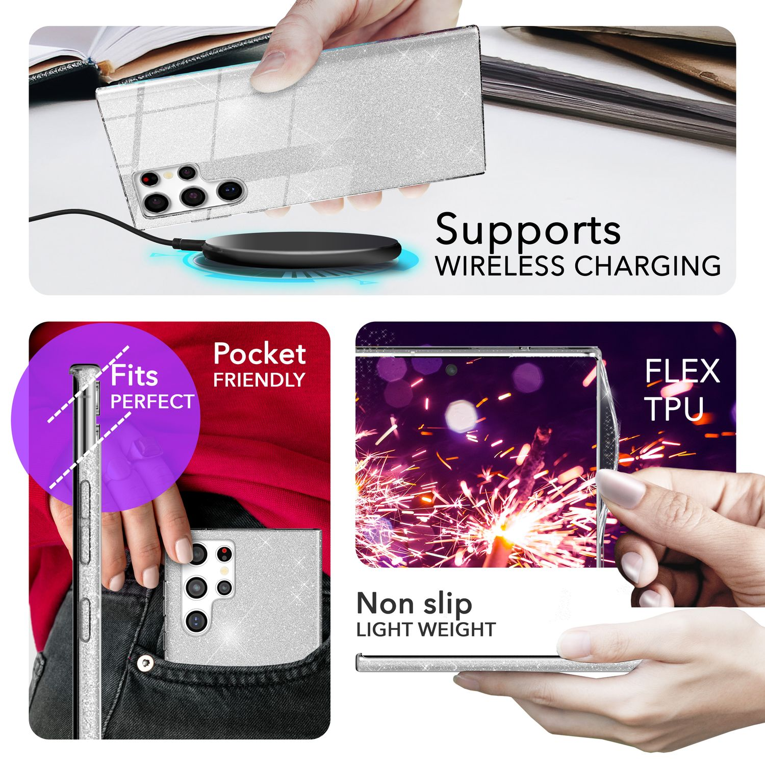 Handyhülle, die kabelloses Laden unterstützt. Telefon in einer Tasche. Flexibles TPU-Material.