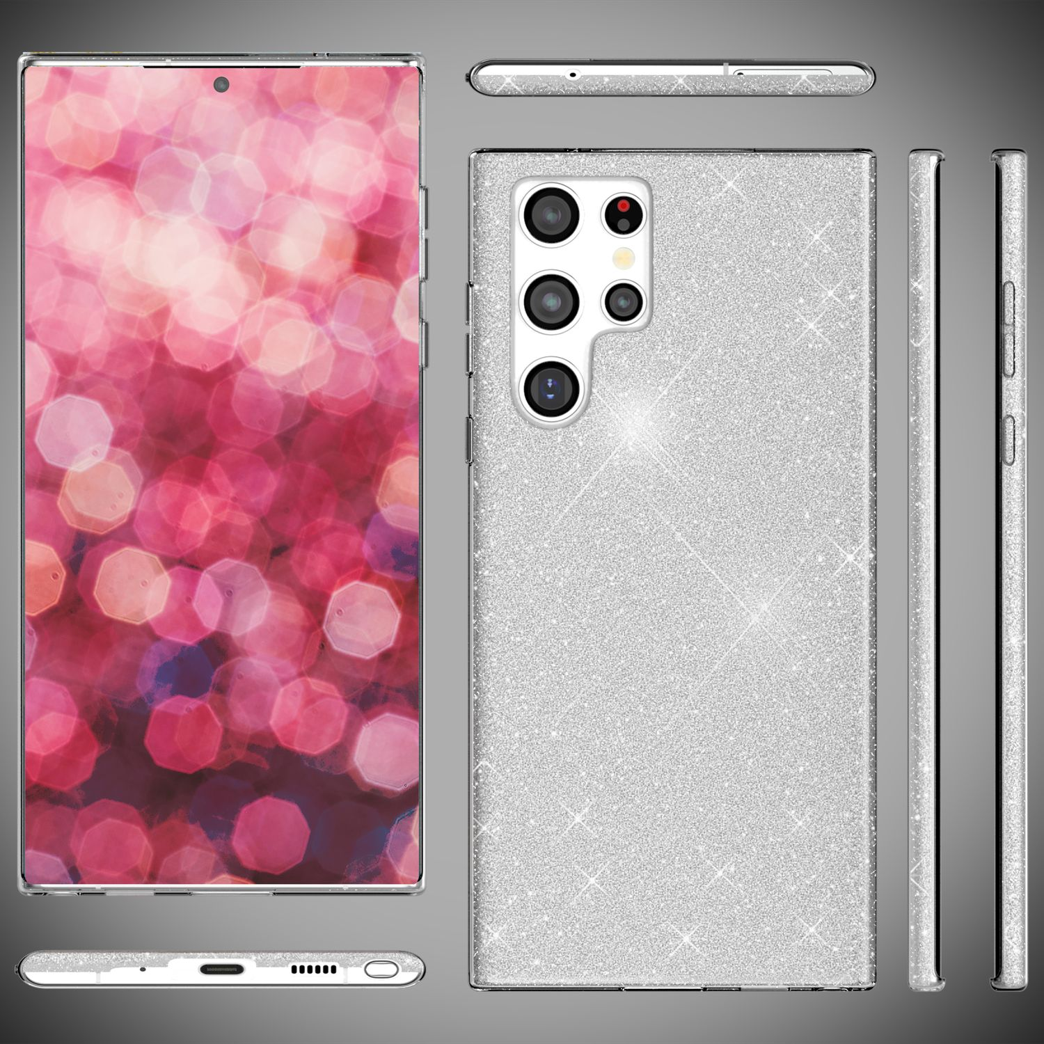 Telefon mit glitzernder Rückseite, zeigt einen hellen Bokeh-Hintergrund mit grauer Oberfläche.