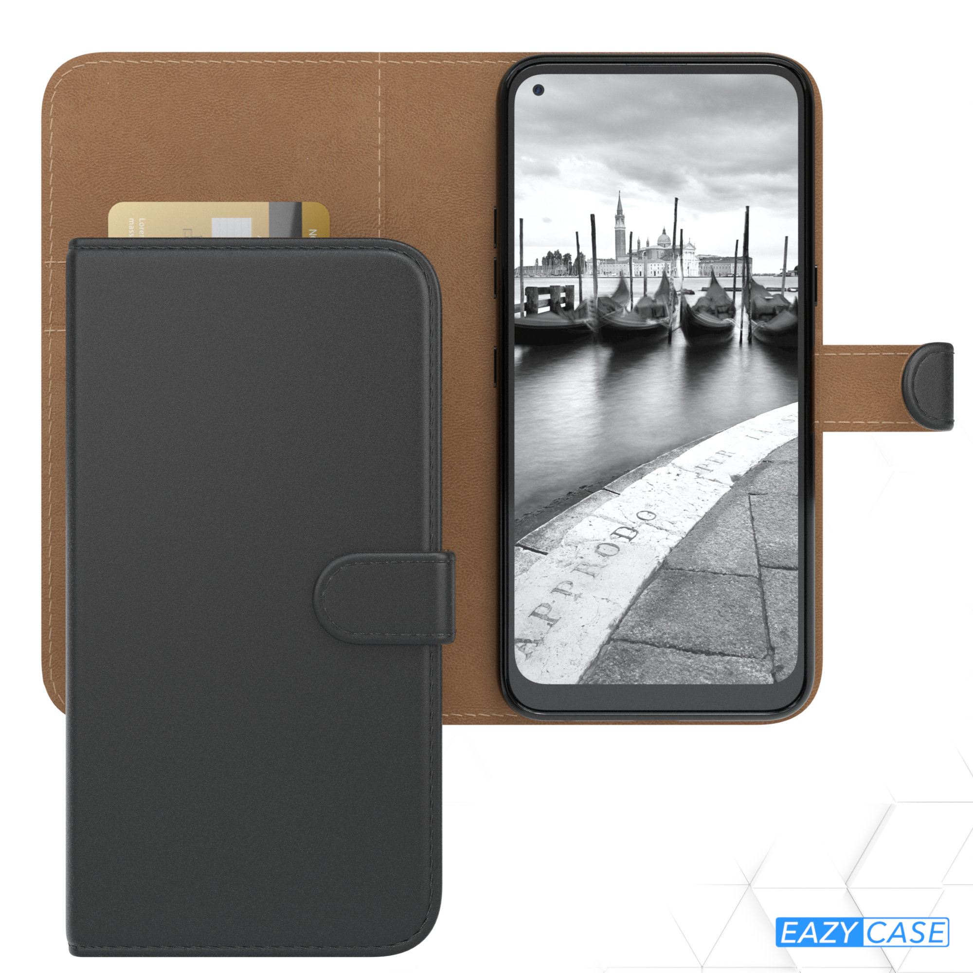 Smartphone in einer schwarzen Brieftasche, zeigt ein Graustufenfoto von venezianischen Gondeln.