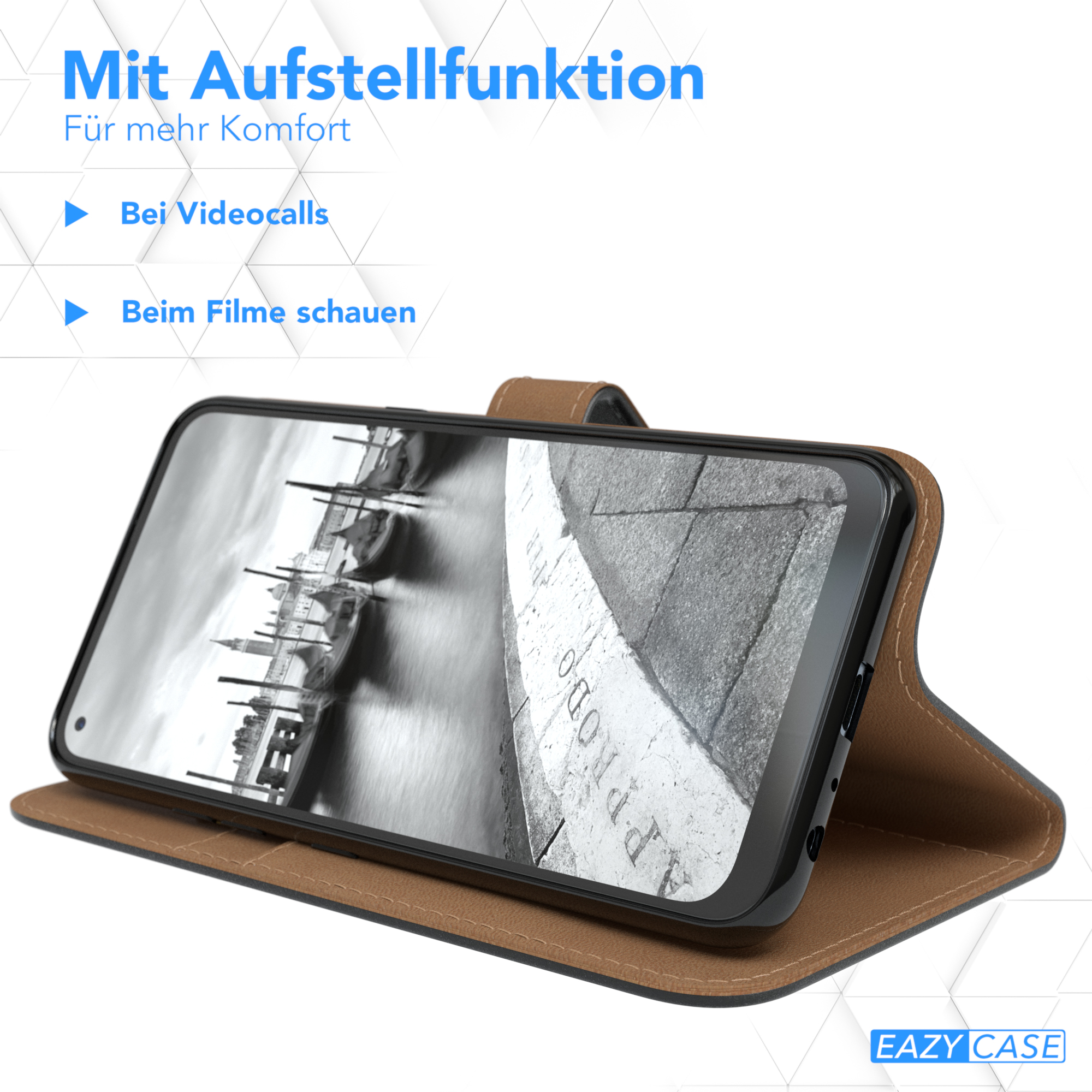 Ein Telefon in einer braunen Hülle, offen gezeigt, mit Text, der Funktionen für Videoanrufe und Film schauen angibt.