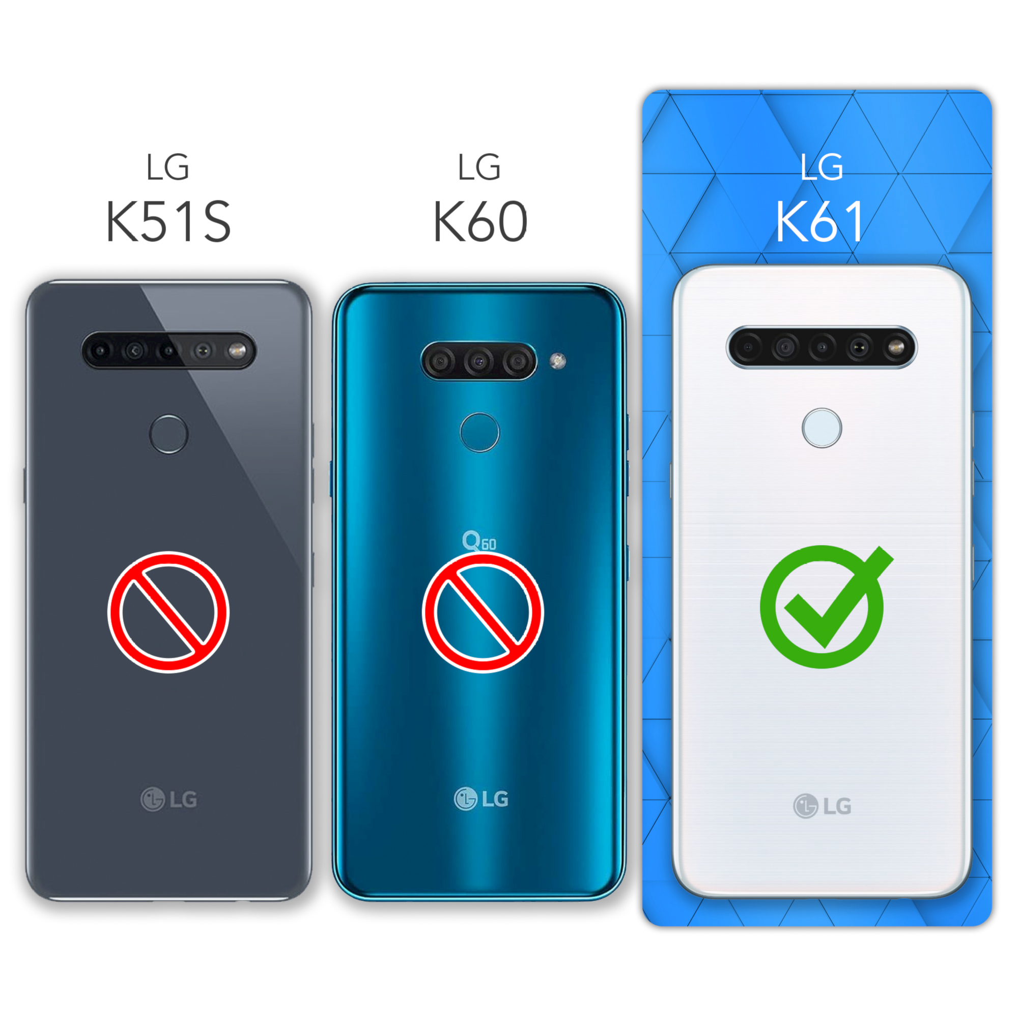 Drei Telefone: LG K51S, K60 und K61. K51S und K60 haben rote Verbotszeichen, K61 einen grünen Haken.
