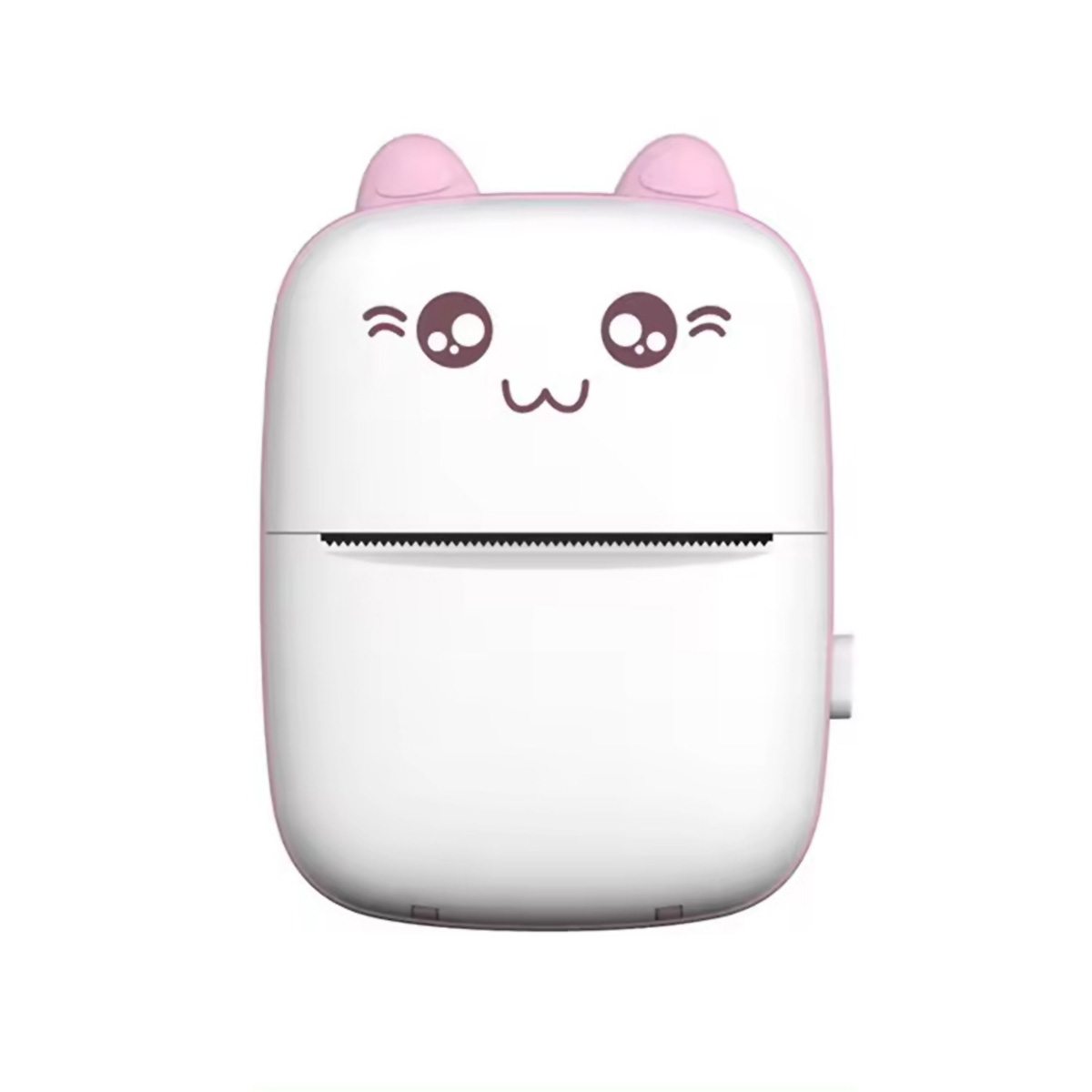 Mini impresora blanca con orejas rosas y diseño de cara de gato. Salida de papel frontal, botón lateral.