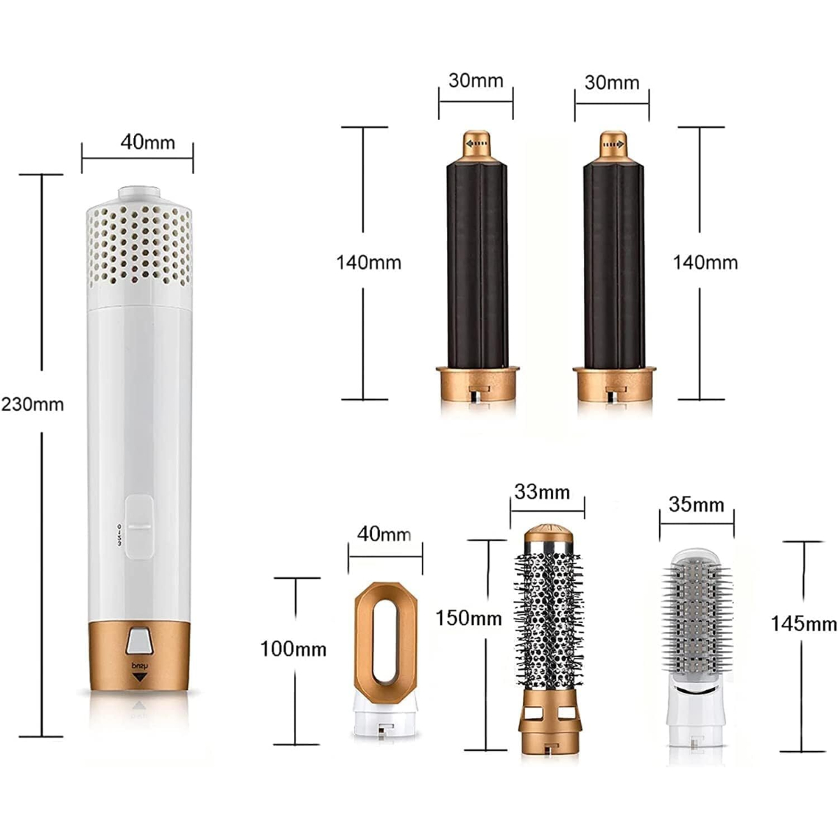 Secador de pelo con múltiples accesorios. Diagramas muestran las dimensiones.