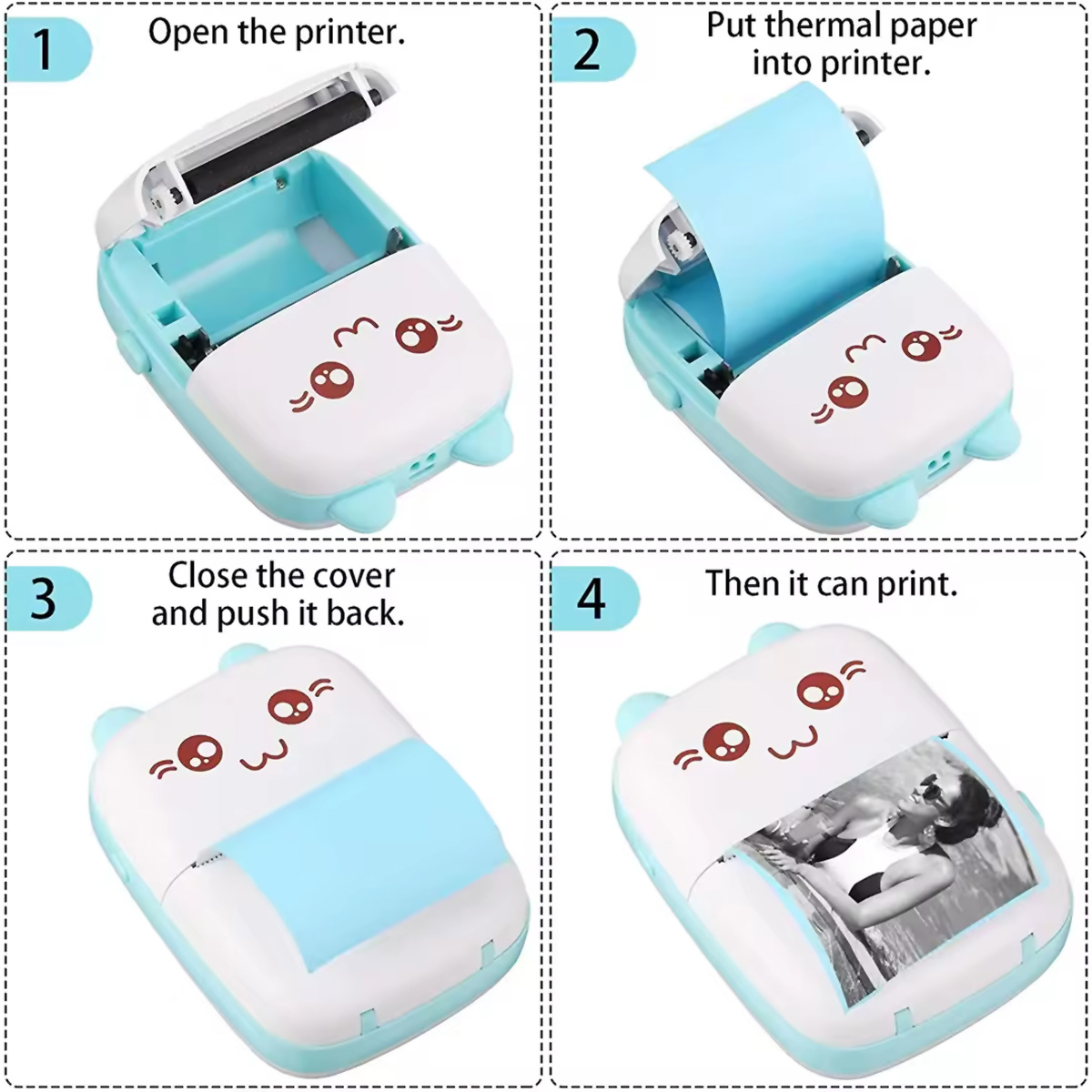 Cuatro pasos para usar una mini impresora de fotos: abrir, insertar papel, cerrar, luego imprimir una foto.