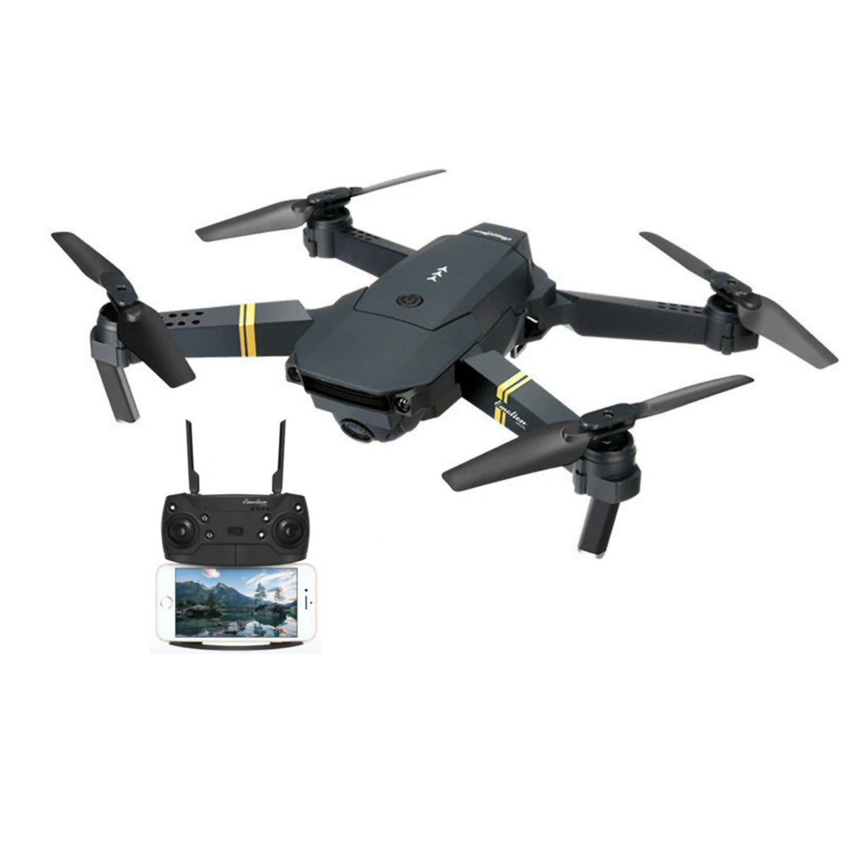 Dron y control remoto con smartphone mostrando un paisaje, fondo blanco.