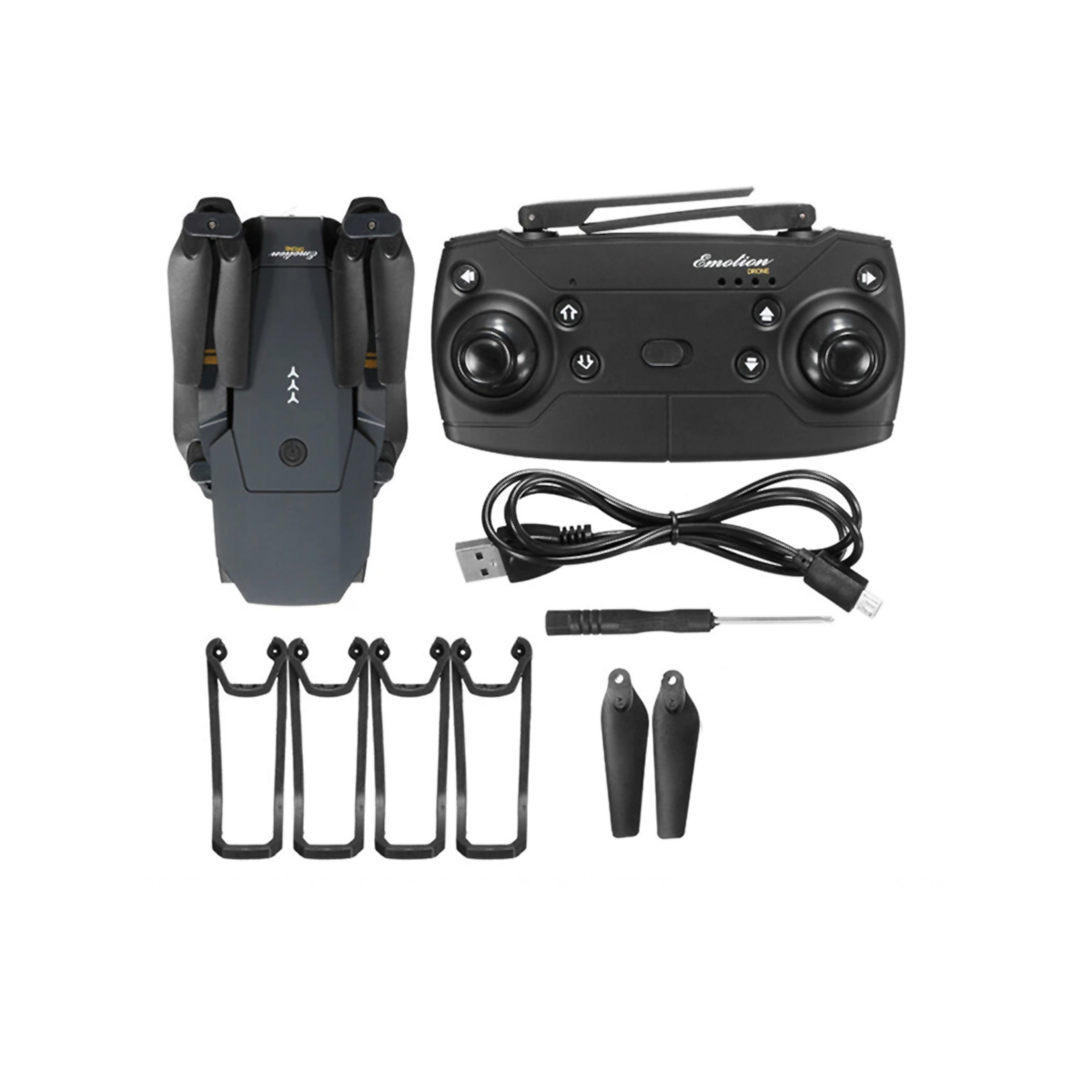 Dron y sus accesorios. Incluye el dron, un control remoto, baterías y un cable USB.