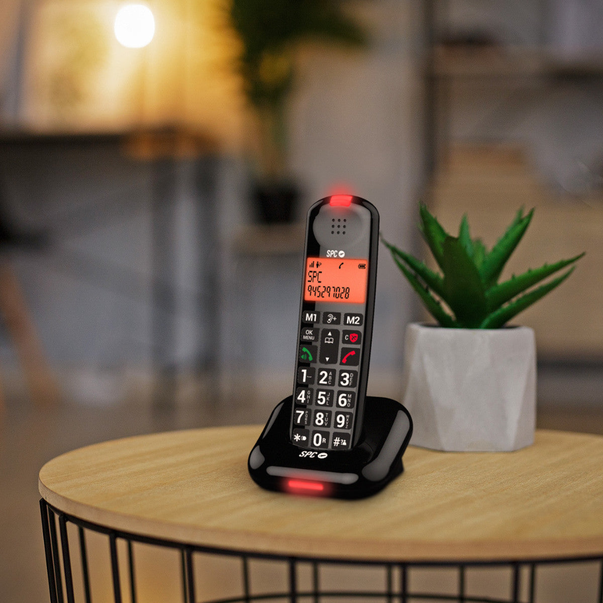 Un telefono cordless nero su un tavolo di legno. Una pianta in un vaso bianco dietro.
