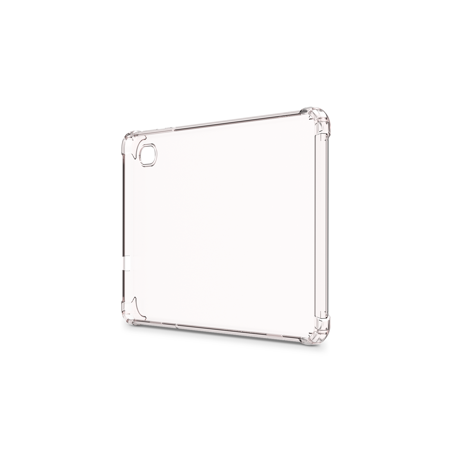 Funda transparente para tableta sobre fondo negro, mostrando el contorno del dispositivo.
