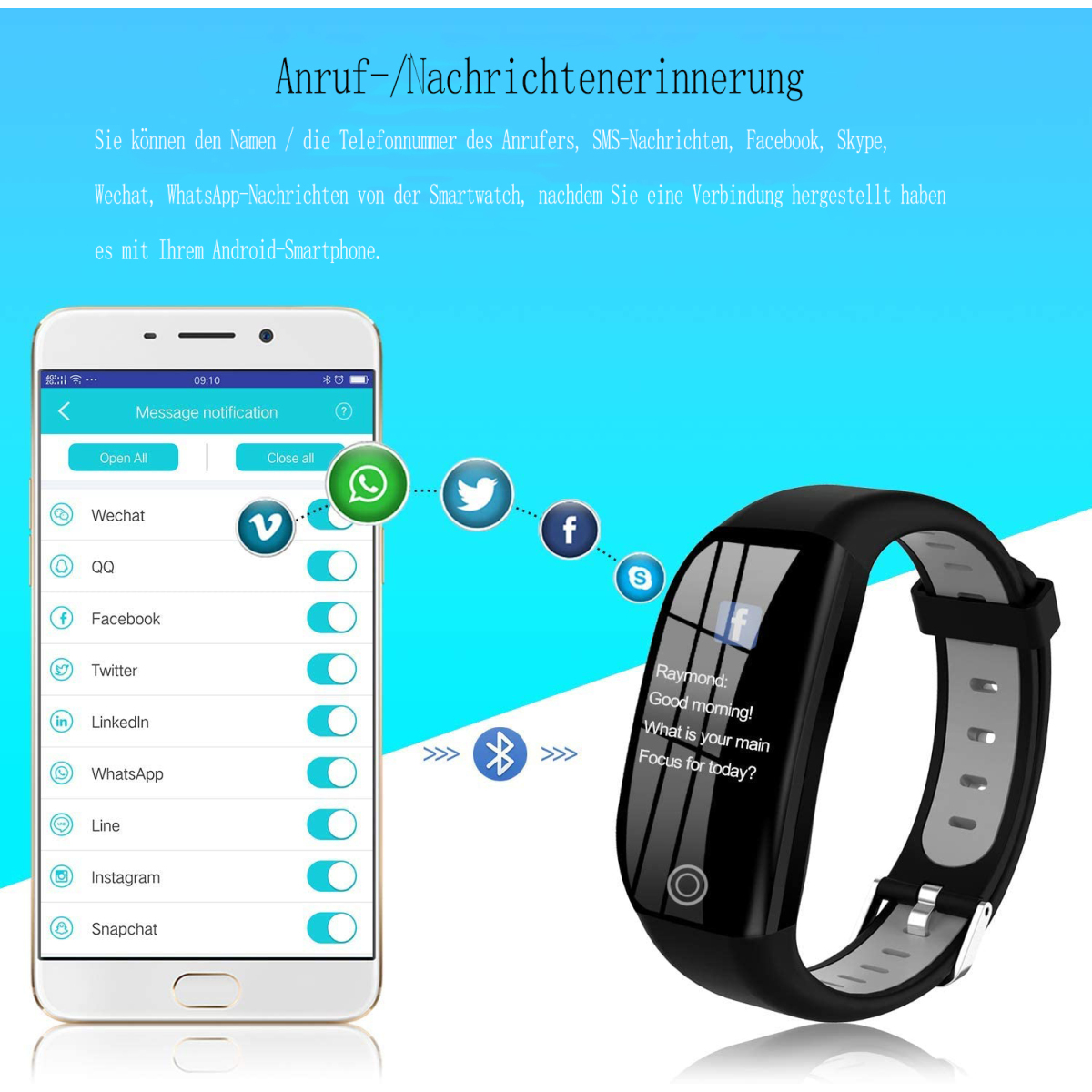Ein schwarzer und grauer Fitnesstracker, der Benachrichtigungen von einem Smartphone anzeigt.