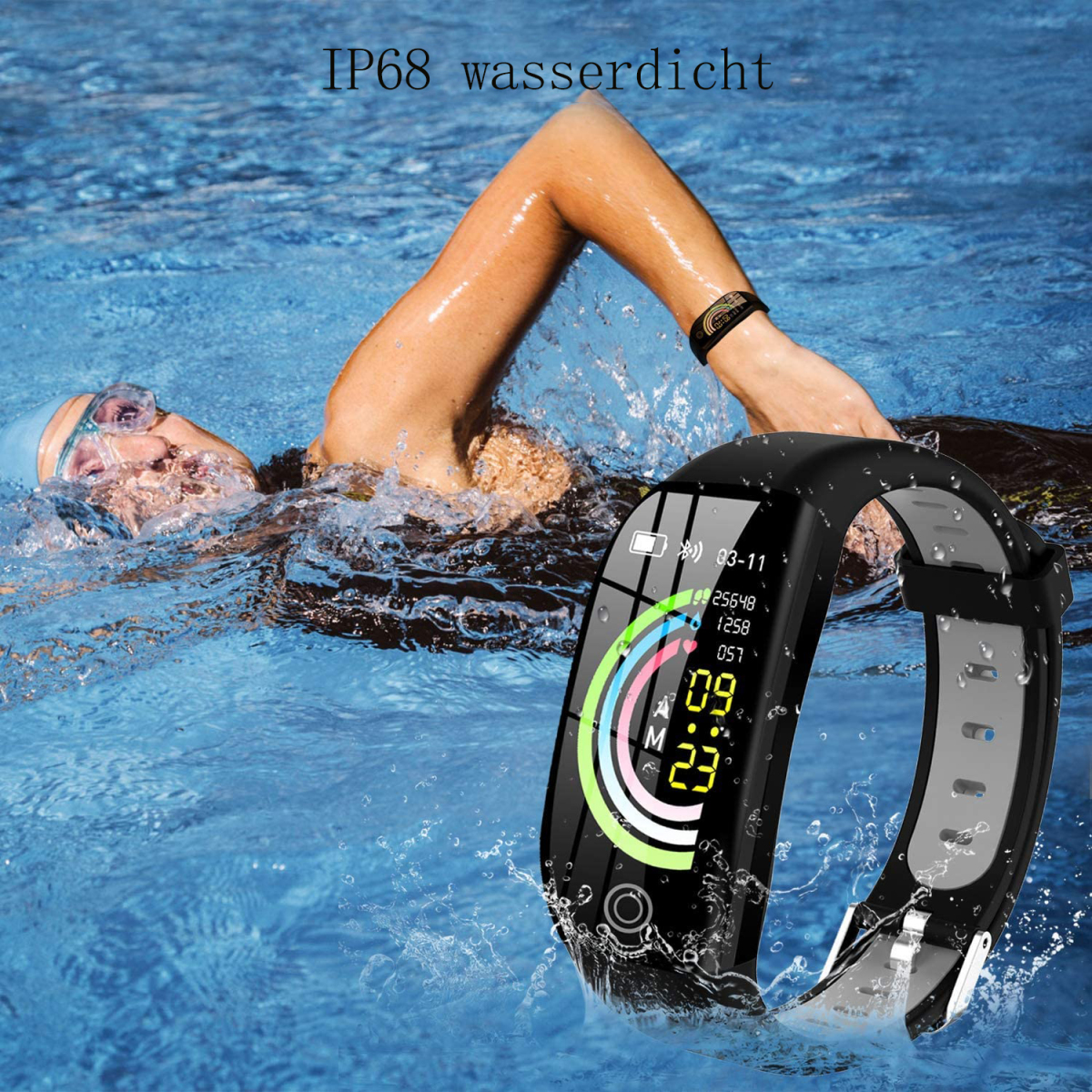 Eine Person schwimmt in einem Pool mit einer schwarzen Smartwatch. Die Uhr zeigt die Zeit und andere Daten an.