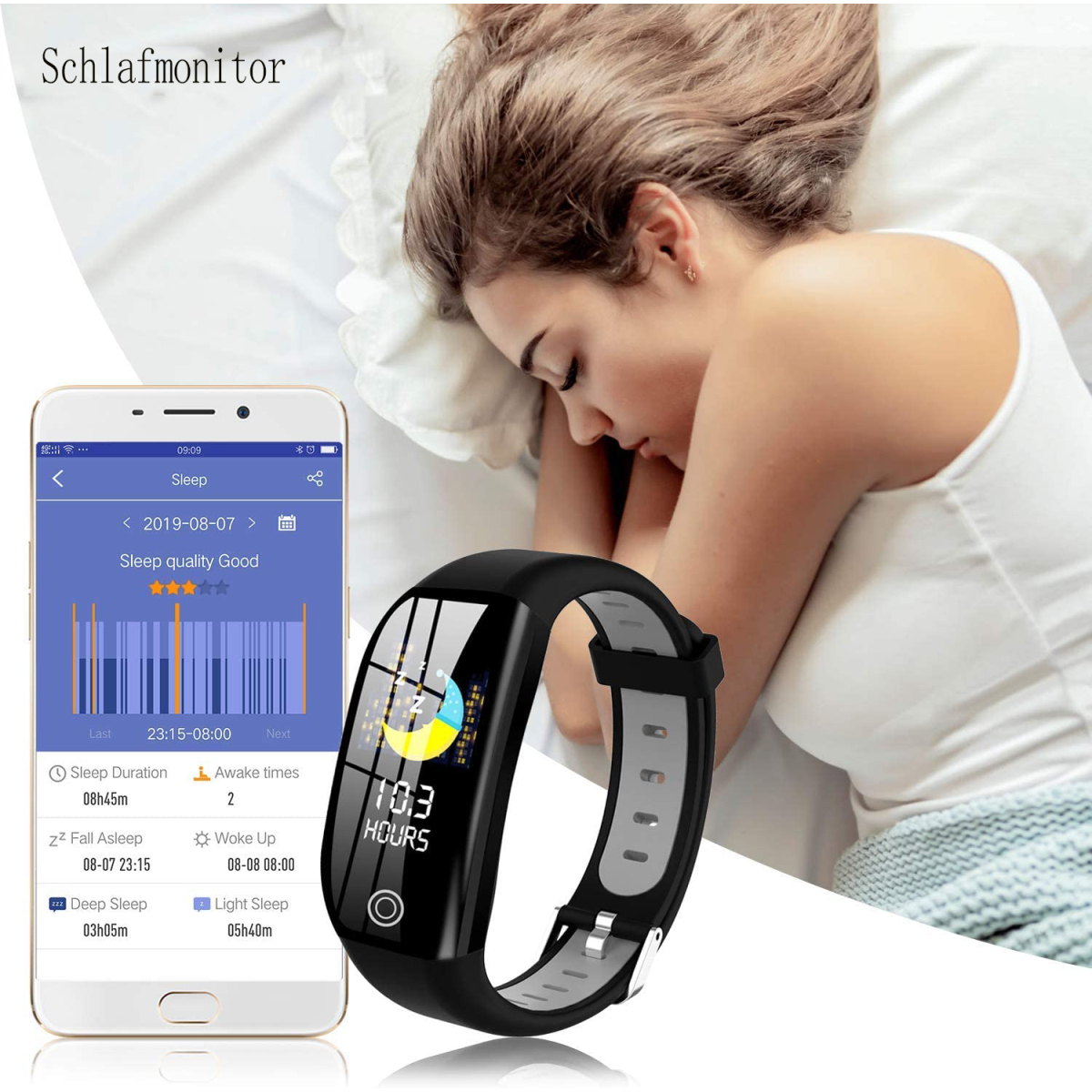Eine schlafende Person mit einer Smartwatch, die Schlafdaten anzeigt. Ein Telefon liegt neben der Uhr.