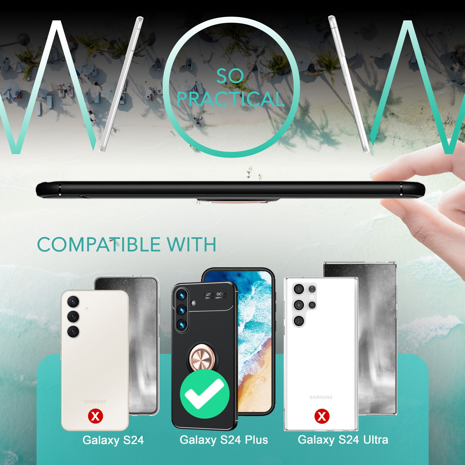 Teléfono con funda y marca de verificación verde, rodeado de otros teléfonos con marcas X rojas.