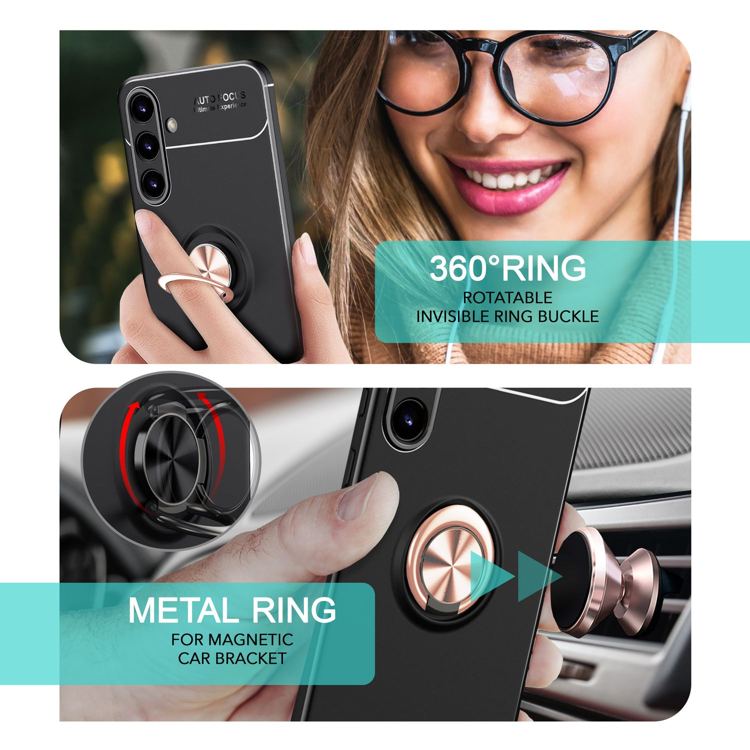 Imágenes muestran una funda de teléfono con soporte de anillo. Incluye rotación 360° y anillo metálico para soporte coche.