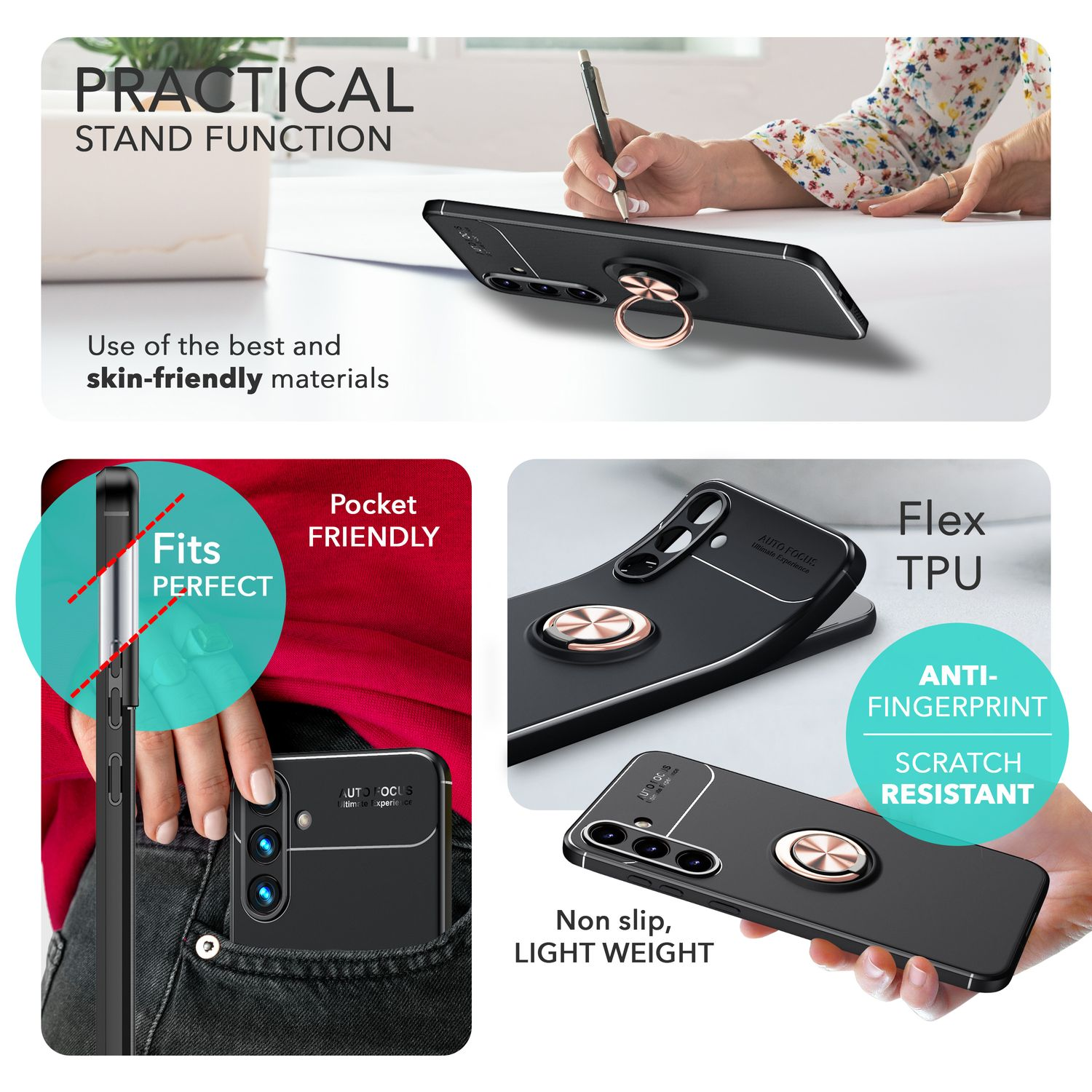 Funda de teléfono con soporte de anillo. Texto: Función de soporte práctica, materiales agradables a la piel, encaja perfecto.