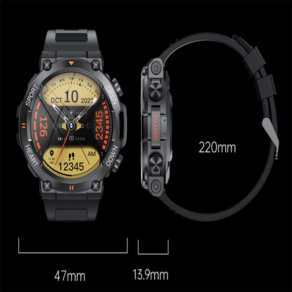 Eine schwarze Smartwatch mit schwarzem Armband. Die Uhr zeigt Datum, Uhrzeit und Schritte an. Abmessungen sind enthalten.