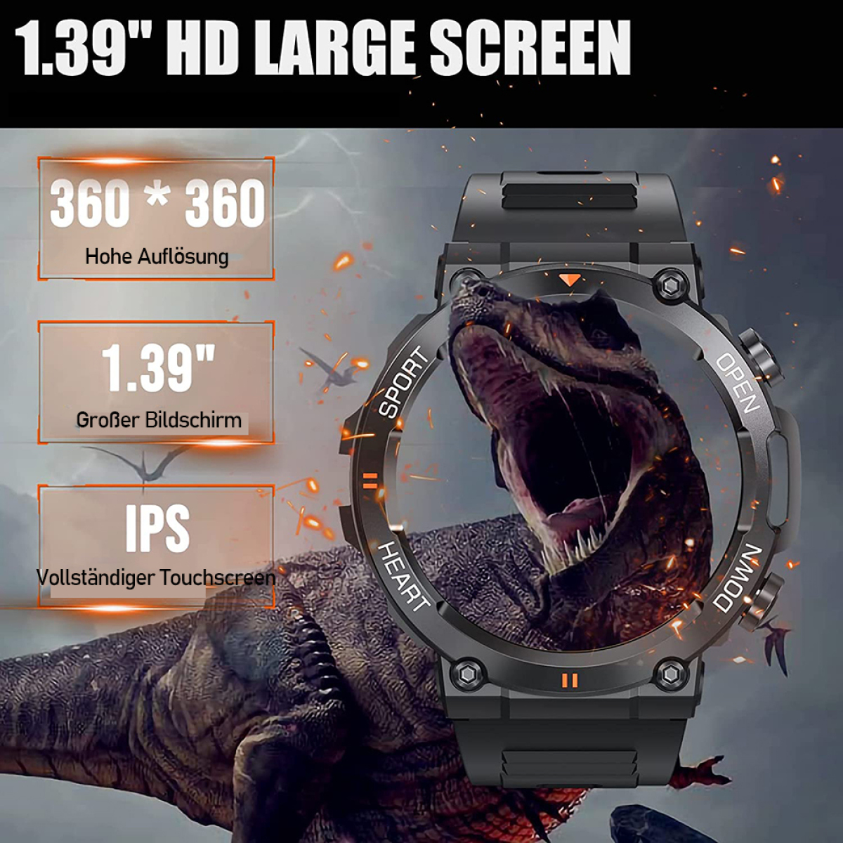 Schwarze Smartwatch mit Dinosaurier-Grafik auf dem Bildschirm, Text und schwarzem Armband. Die Uhr ist an einer Hand.