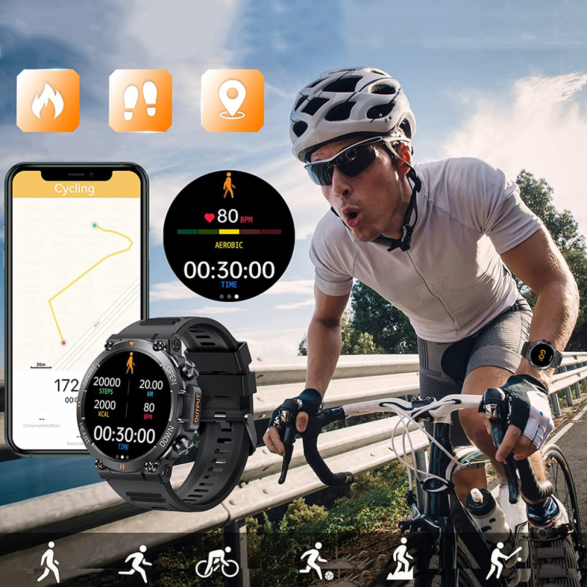 Ein Mann fährt Fahrrad, mit Smartwatch, die Fahrradinfos anzeigt, neben einem Telefon.