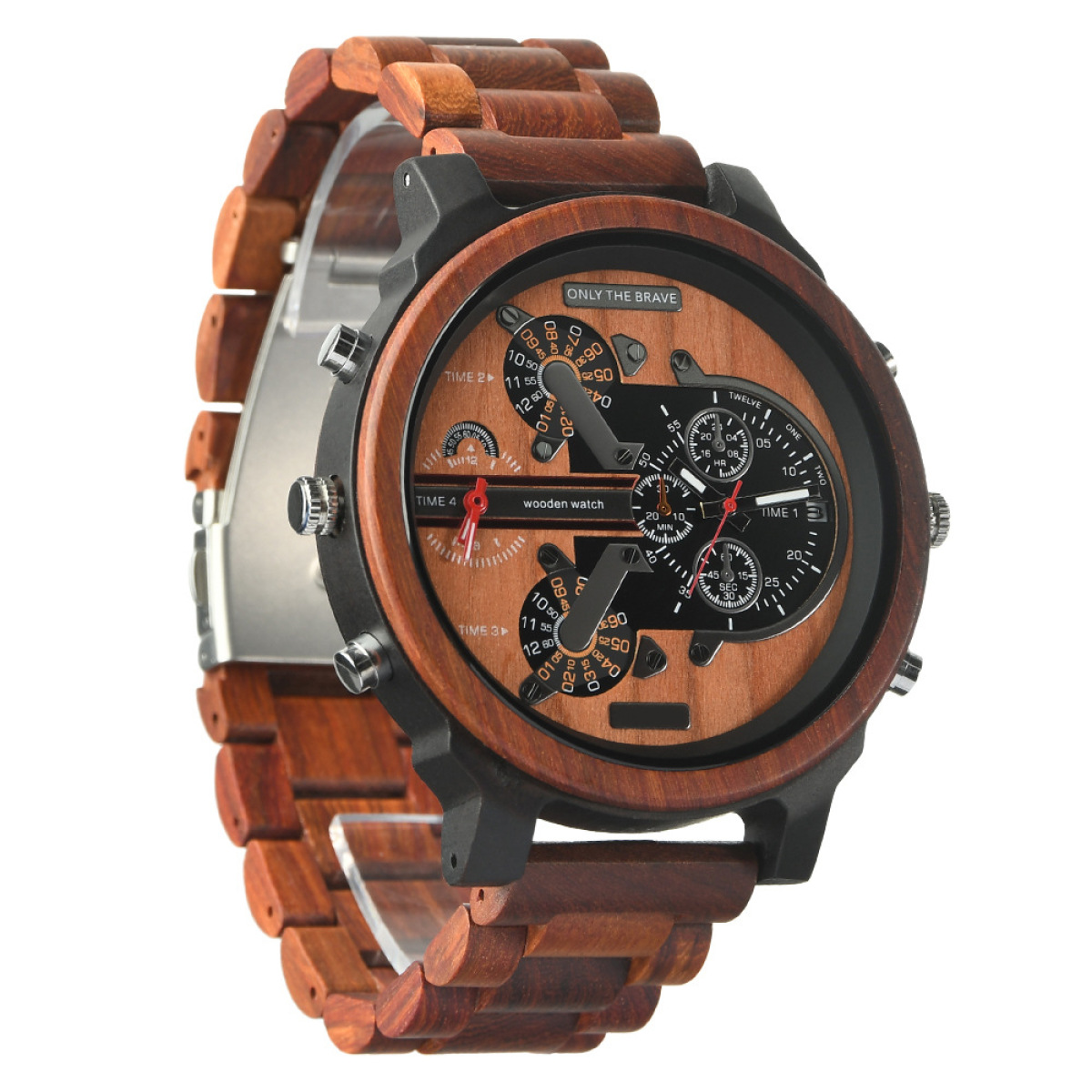 Holzuhr mit schwarzem Zifferblatt und schwarzen Details. Die Uhr hat zwei Hilfszifferblätter und ein Holzband.