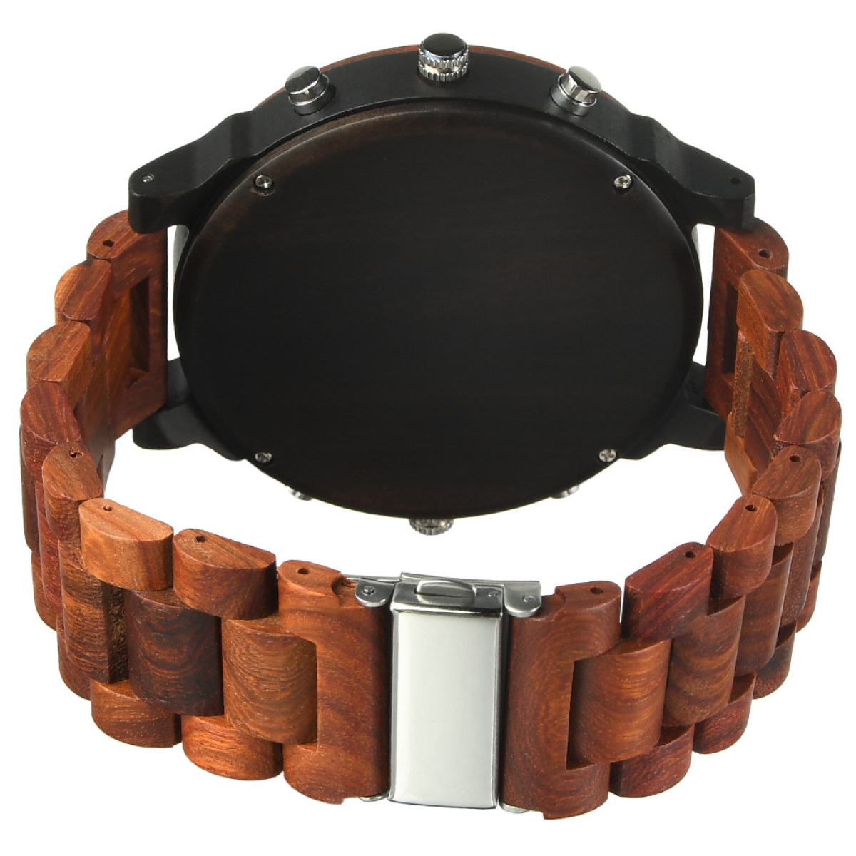 Holzarmbanduhr mit braunen Gliedern und dunklem Zifferblatt. Das Uhrenarmband besteht aus Holzgliedern. Die Rückseite der Uhr ist schwarz.