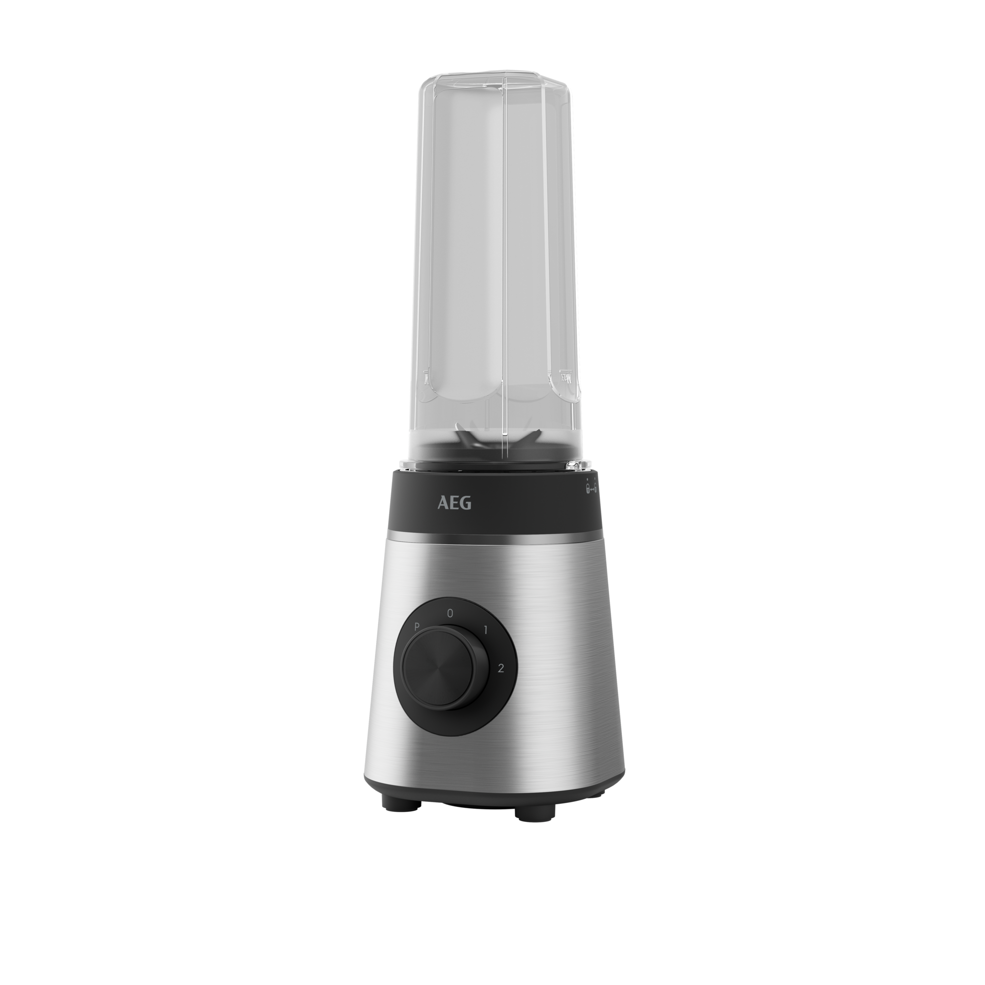 Silberner und schwarzer Mixer mit einem transparenten Glas auf schwarzem Hintergrund.