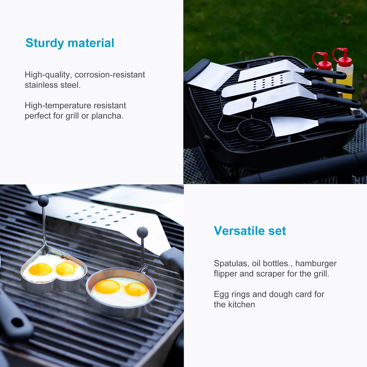 Bilder von Grillwerkzeugen und Zubehör mit Textbeschreibungen auf weißem Hintergrund.