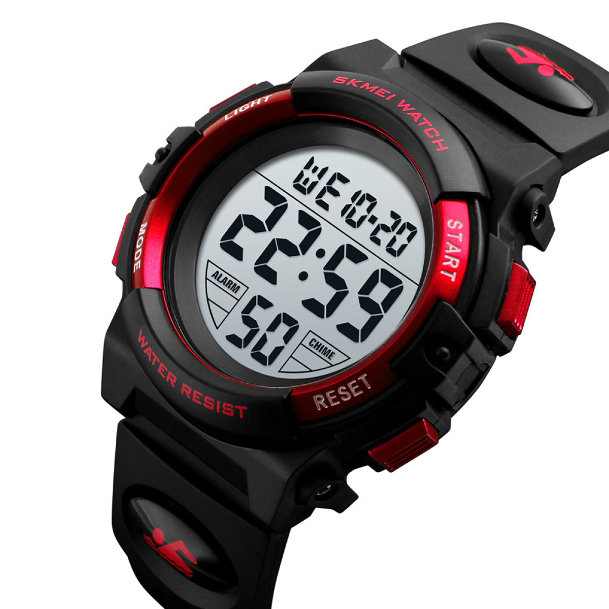 Eine schwarze und rote Digitaluhr. Das Display zeigt Zeit und Datum an.