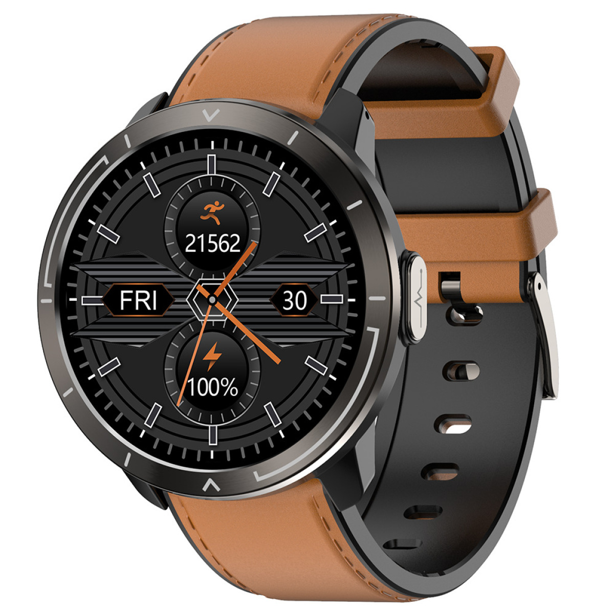 Schwarze Smartwatch mit braunem Lederarmband. Das Zifferblatt zeigt Fitnessdaten. Weißer Hintergrund.