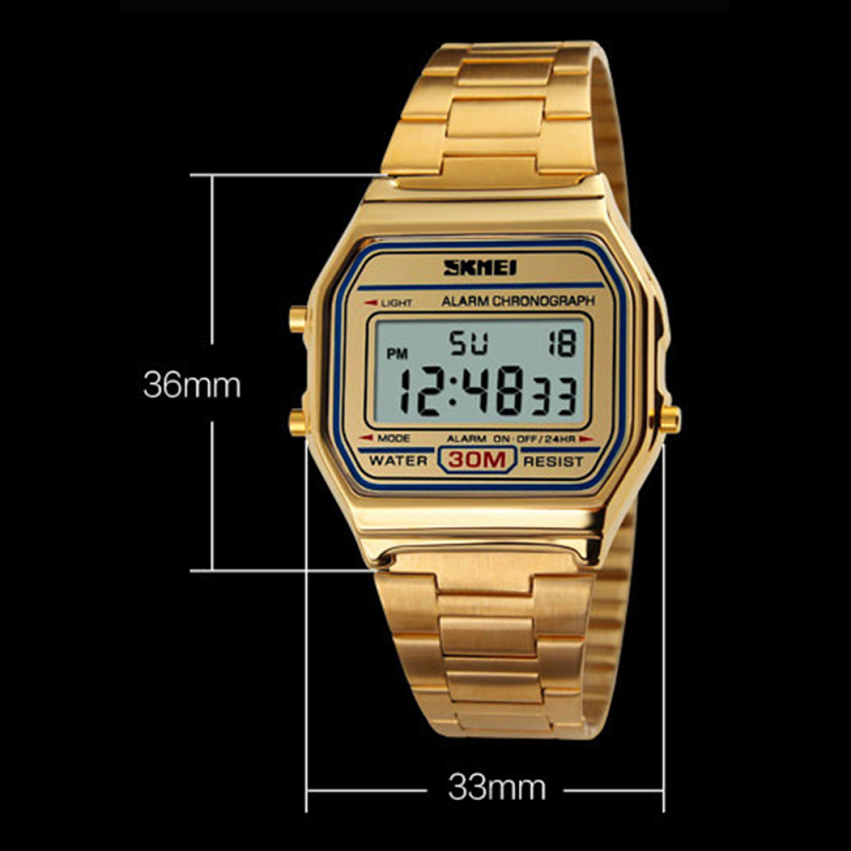 Eine goldfarbene Digitaluhr mit den Maßen: 36 mm x 33 mm. Das Display zeigt Zeit und Datum an.