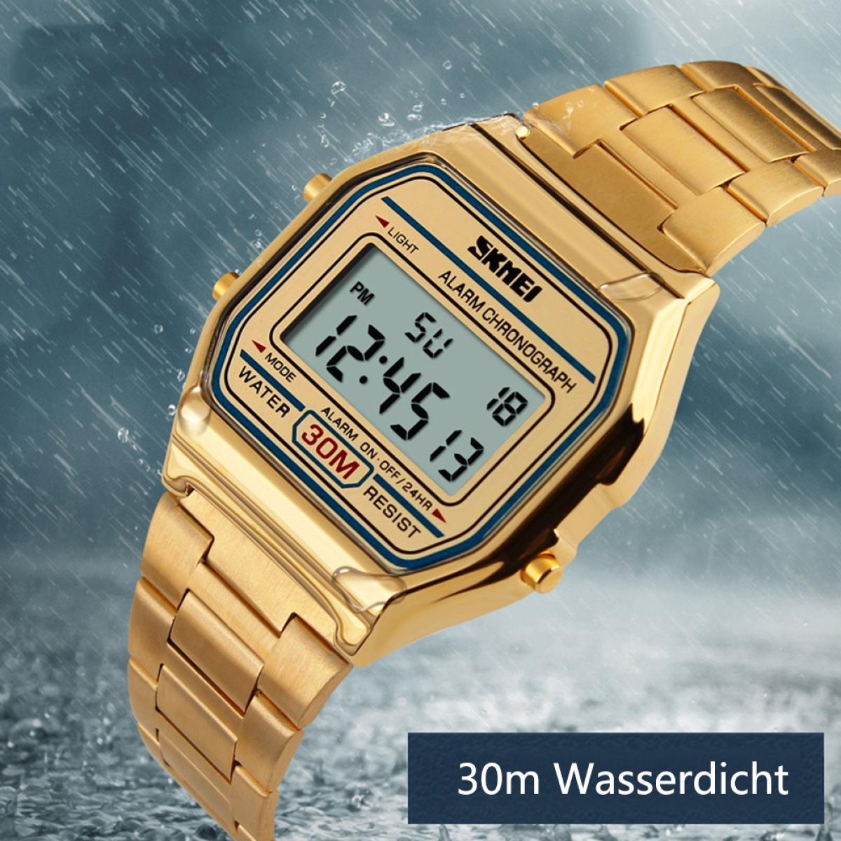 Goldene Digitaluhr, zeigt Zeit, mit Regeneffekt und Text '30m Waterdicht'.