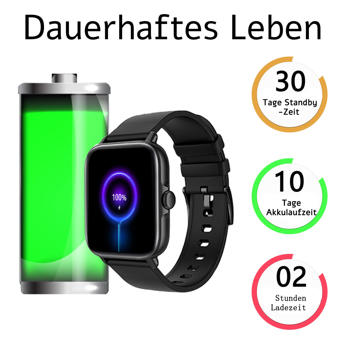Smartwatch an schwarzem Armband mit Anzeige von 100 % Ladung.