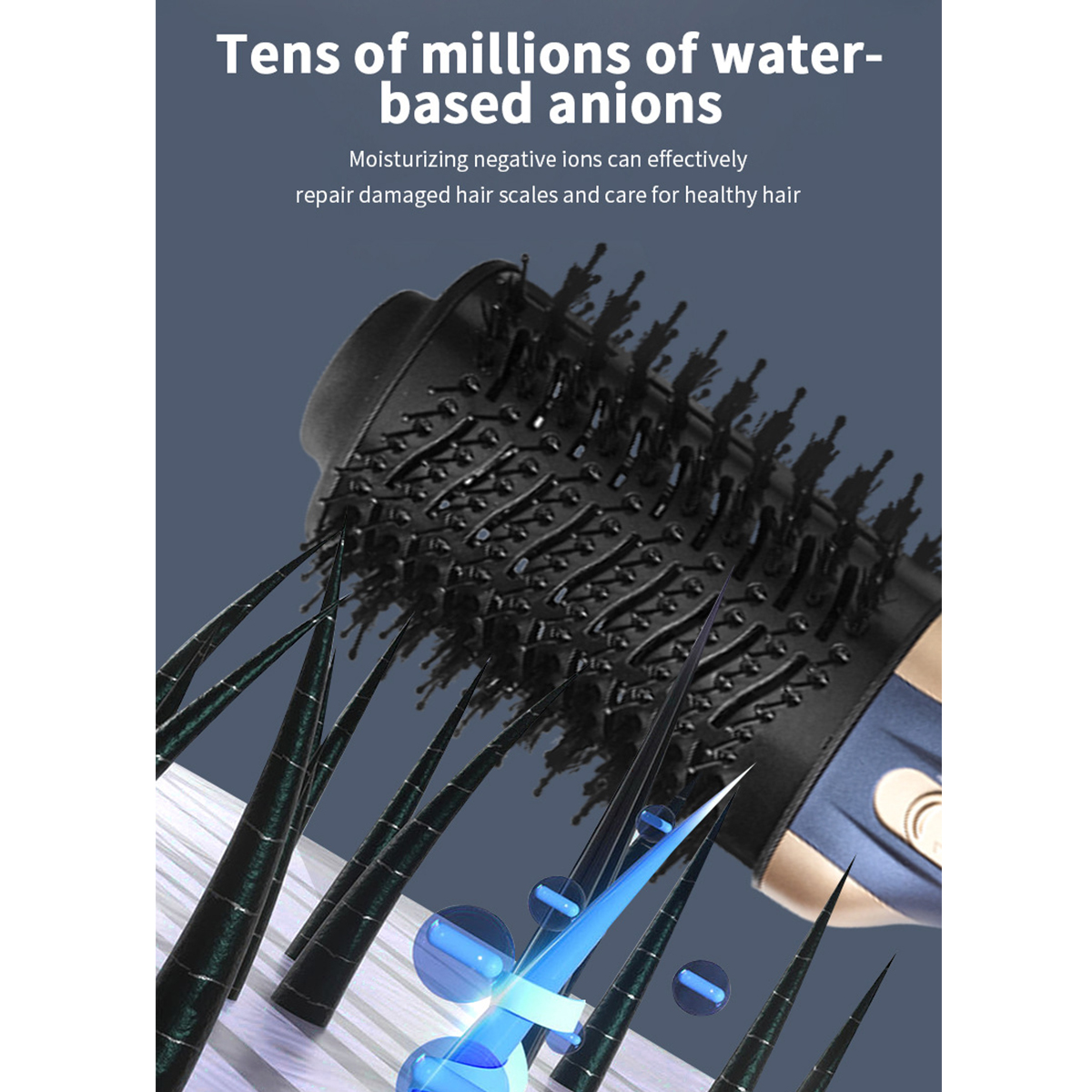 Nahaufnahme einer schwarzen Haartrocknerbürste, mit Haarsträhnen und blauer Energie.