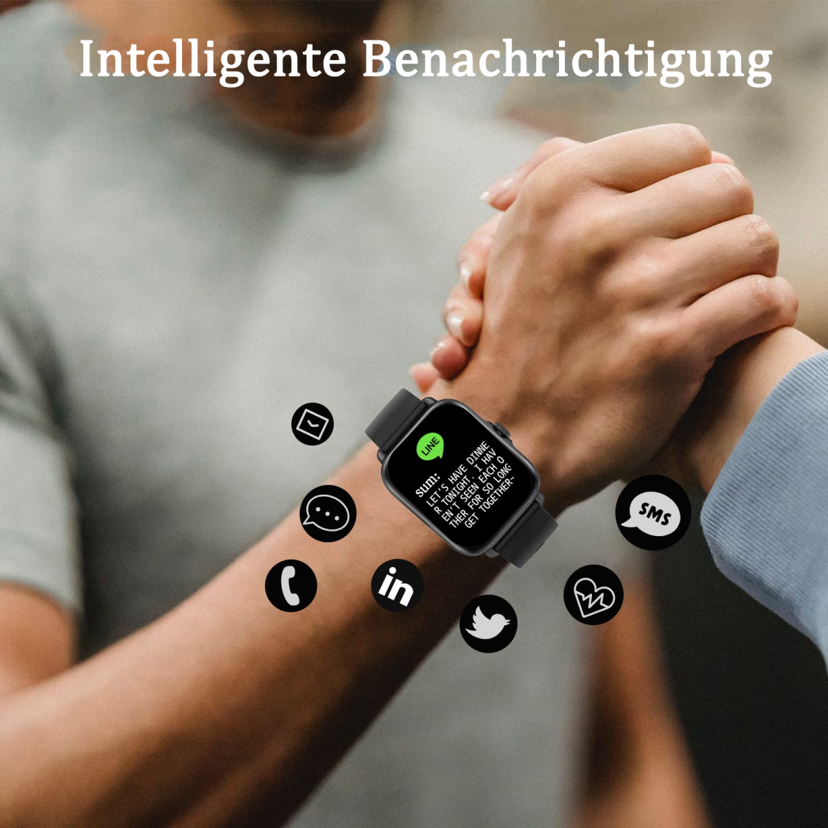 Person trägt Smartwatch, umgeben von Symbolen. Die Uhr zeigt eine Nachricht an: SMS, Anrufe und LINE.