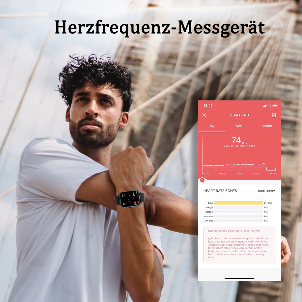 Mann trägt Smartwatch mit Herzfrequenzdaten, zusätzliche Daten und Analyse auf dem Bildschirm.